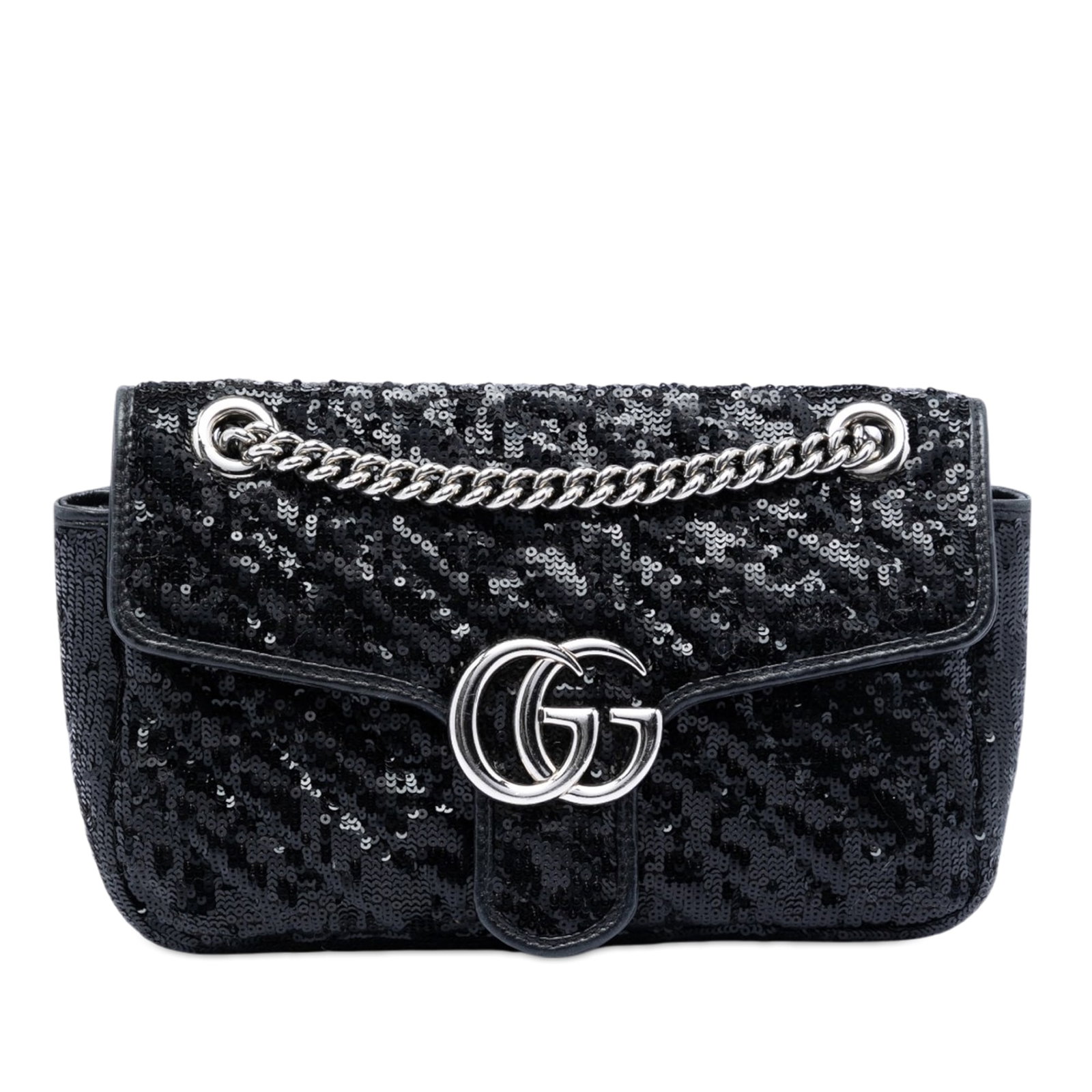 Gucci GG Marmont sequin leather shoulder bag medium: Gucci GG Marmont sequin leather shoulder bag medium This Gucci Medium GG Marmont Matelasse shoulder bag features a striking sequined body accented with leather trim. It is designed with a chain link s