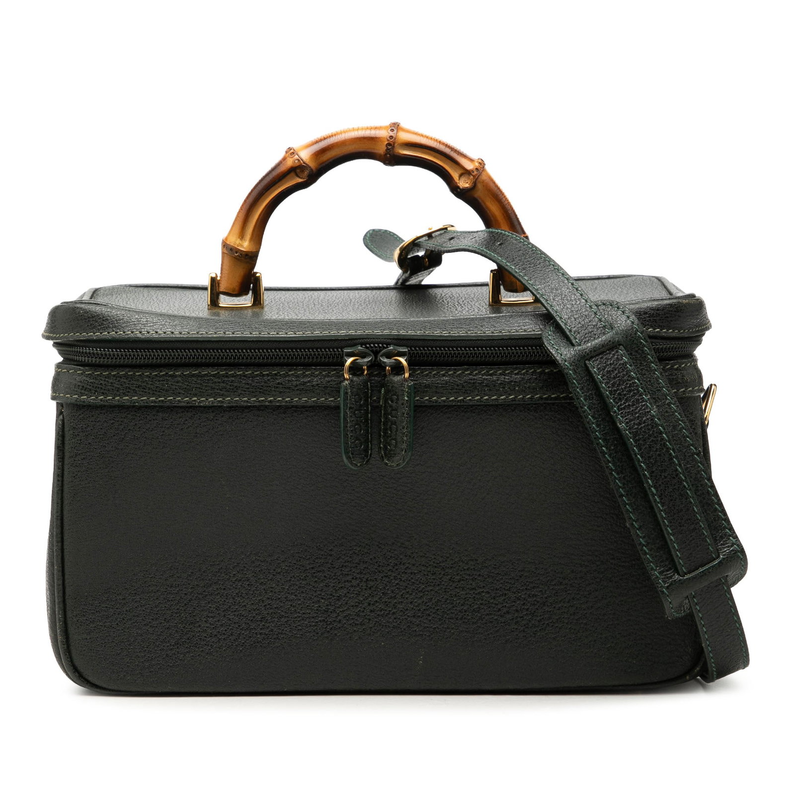 Gucci Calfskin Bamboo Vanity Bag Green Leather: Gucci Calfskin Bamboo Vanity Bag Green Leather Gucci Calfskin Bamboo Vanity Bag in green leather with a bamboo top handle and detachable flat leather strap. The bag features a zip-around top closure w
