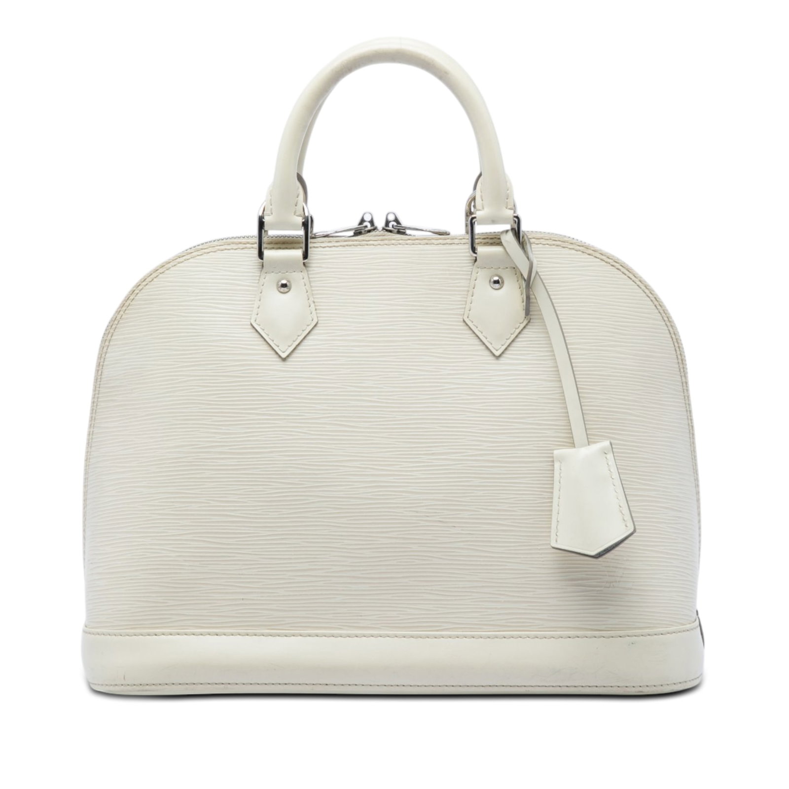 Louis Vuitton Alma PM Epi Leather Handbag White: Louis Vuitton Alma PM Epi Leather Handbag White A structured Louis Vuitton Alma PM handbag crafted in white Epi leather with rolled leather handles, a top zip closure, and an interior slip pocket. Mad