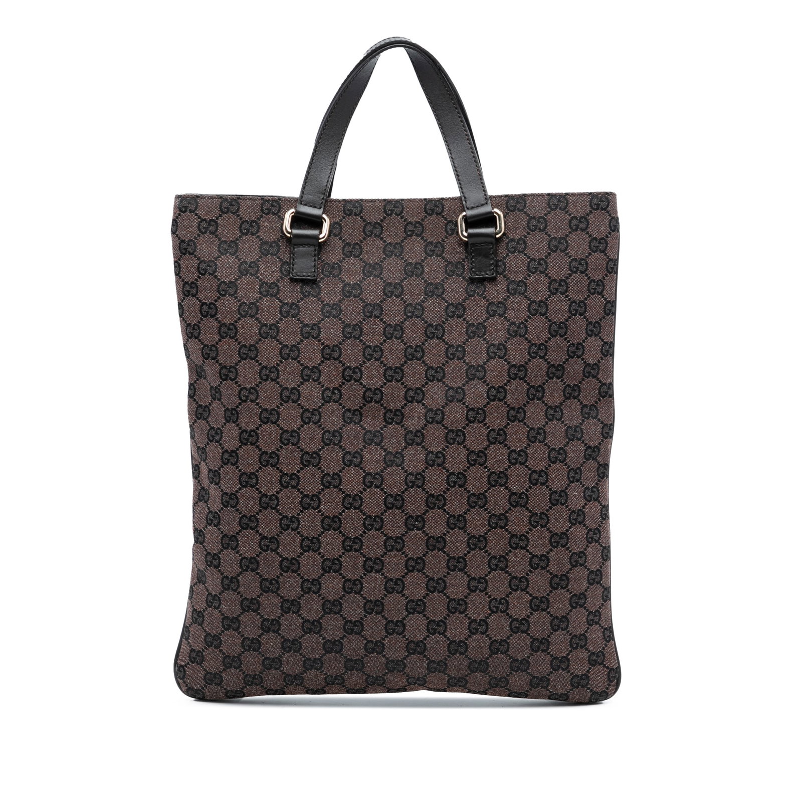 Gucci GG Nylon Tote Bag Brown Fabric Leather Trim: Gucci GG Nylon Tote Bag Brown Fabric Leather Trim This Gucci GG Canvas Tote features a durable canvas body with flat leather straps and an open top secured by a magnetic snap closure. The interior inc