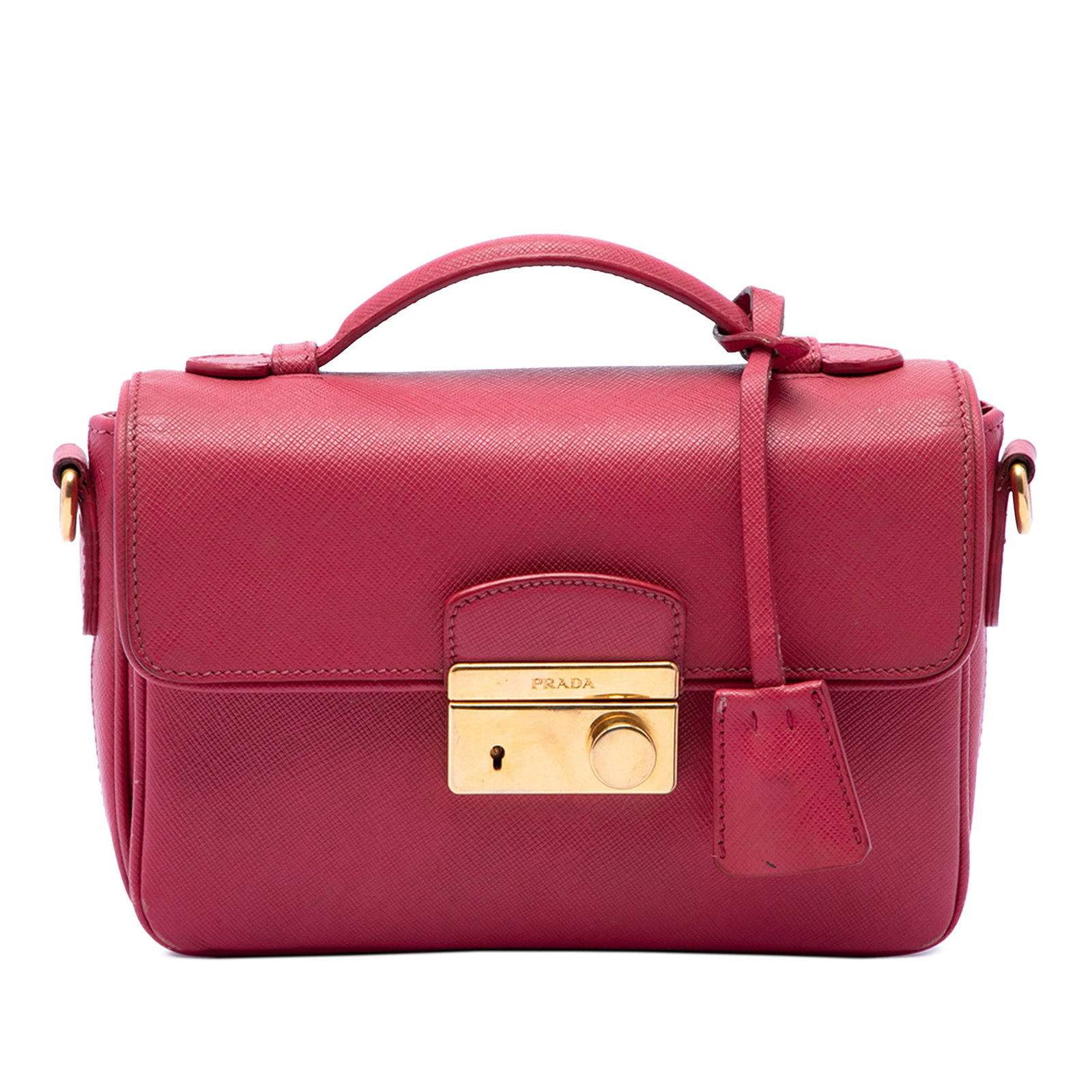 Prada Saffiano Sound Lock Leather Satchel Pink: Prada Saffiano Sound Lock Leather Satchel Pink Prada Saffiano Sound Lock Satchel in pink saffiano leather with a structured silhouette, flat top handle, front flap with push lock closure, exterior bac