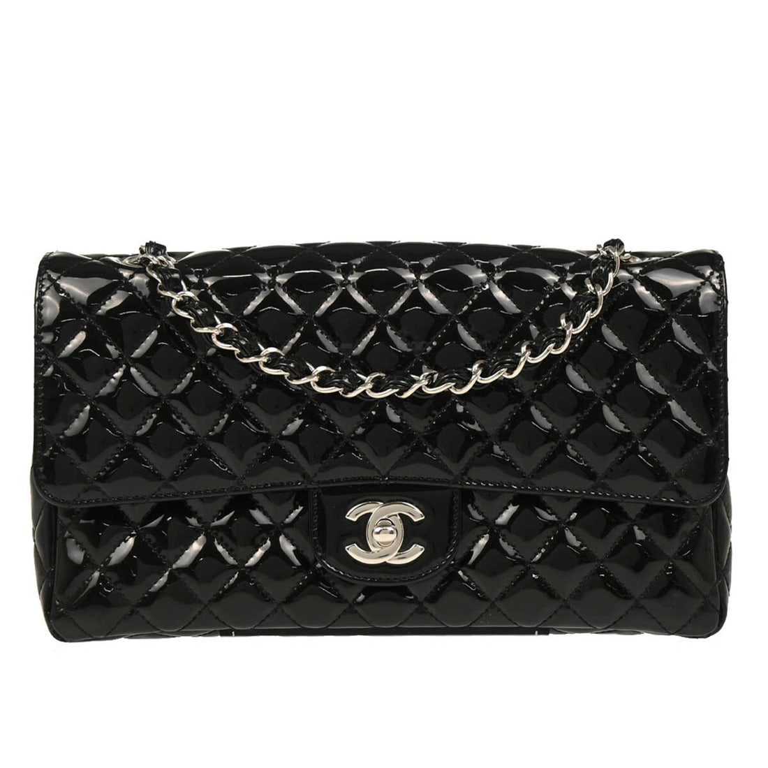 CHANEL Single Chain Shoulder Bag Black Quilted Patent Leather: CHANEL Single Chain Shoulder Bag Black Quilted Patent Leather Black quilted patent leather shoulder bag with a turnlock closure and chain strap. This Chanel Single Flap Shoulder Bag features one exter