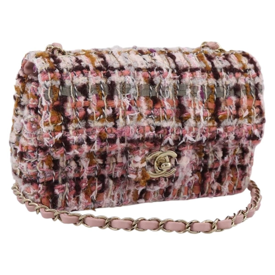 CHANEL Matelasse 20 Tweed Shoulder Bag Pink Gold Tone CC: CHANEL Matelasse 20 Tweed Shoulder Bag Pink Gold Tone CC CHANEL Matelasse 20 chain shoulder bag in pink tweed with gold tone CC detailing. This women's shoulder bag is made in France and comes only wi