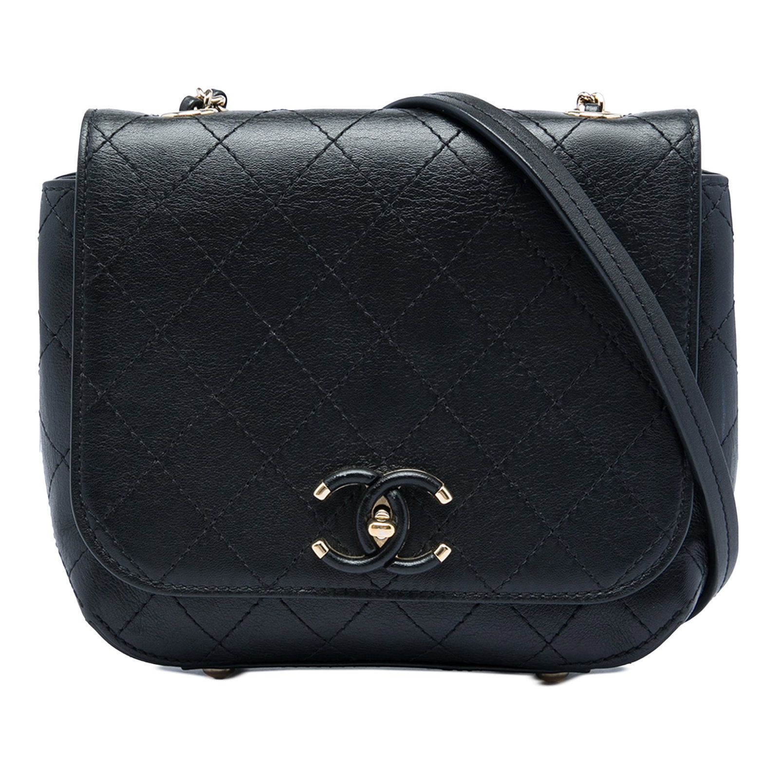 Chanel Small Covered CC Flap Crossbody in Black Stitched Calfskin: Chanel Small Covered CC Flap Crossbody in Black Stitched Calfskin A Chanel Small Stitched Calfskin Covered CC Flap crossbody bag crafted in black leather. This bag features a stitched leather body, a 