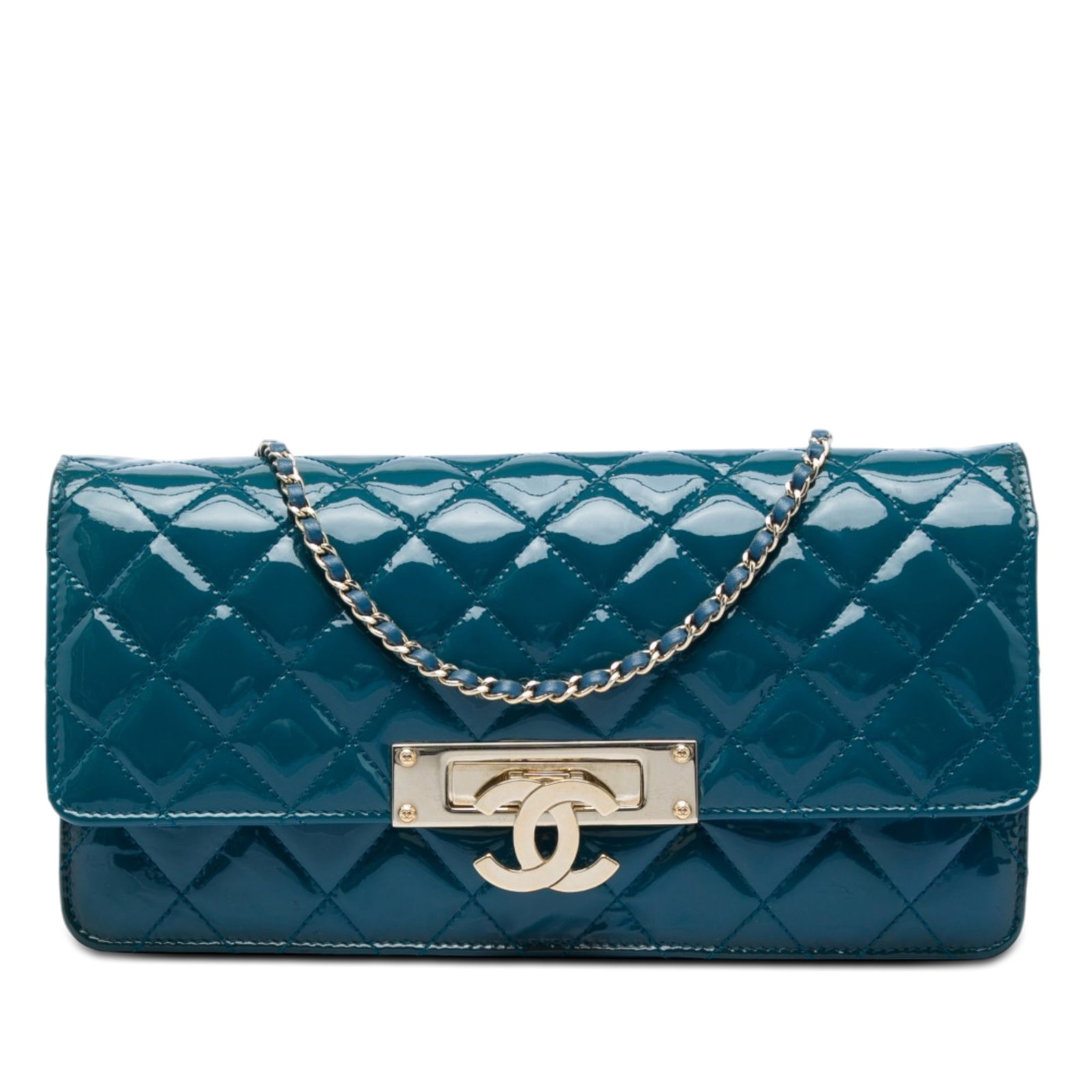 Chanel Golden Class East West WOC Blue Quilted Patent Leather: Chanel Golden Class East West WOC Blue Quilted Patent Leather A Chanel East West Wallet on Chain crafted in blue quilted patent leather. This crossbody bag features a detachable leather-woven chain st