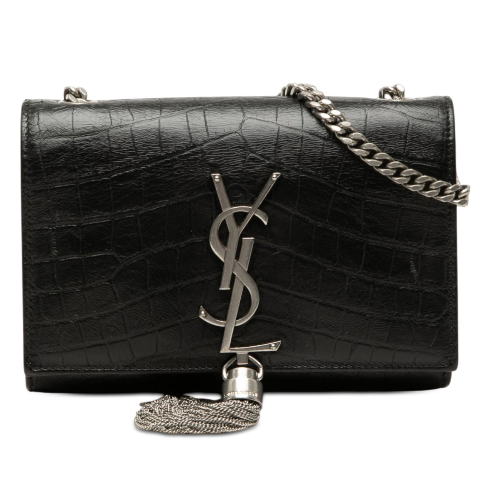Saint Laurent Kate Small Black Croc Embossed Leather Crossbody Bag: Saint Laurent Kate Small Black Croc Embossed Leather Crossbody Bag Saint Laurent Small Croc Embossed Leather Monogram Kate Tassel Crossbody in black leather. This crossbody bag features an embossed le