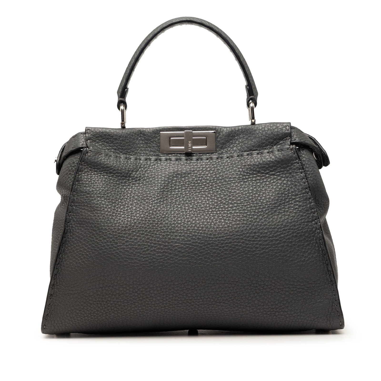 Fendi Peekaboo Iconic Medium Gray Leather Satchel: Fendi Peekaboo Iconic Medium Gray Leather Satchel This Fendi Medium Calfskin Peekaboo Iconic Satchel features a gray leather body, a flat leather handle, an open top with a turn-lock closure, and an i