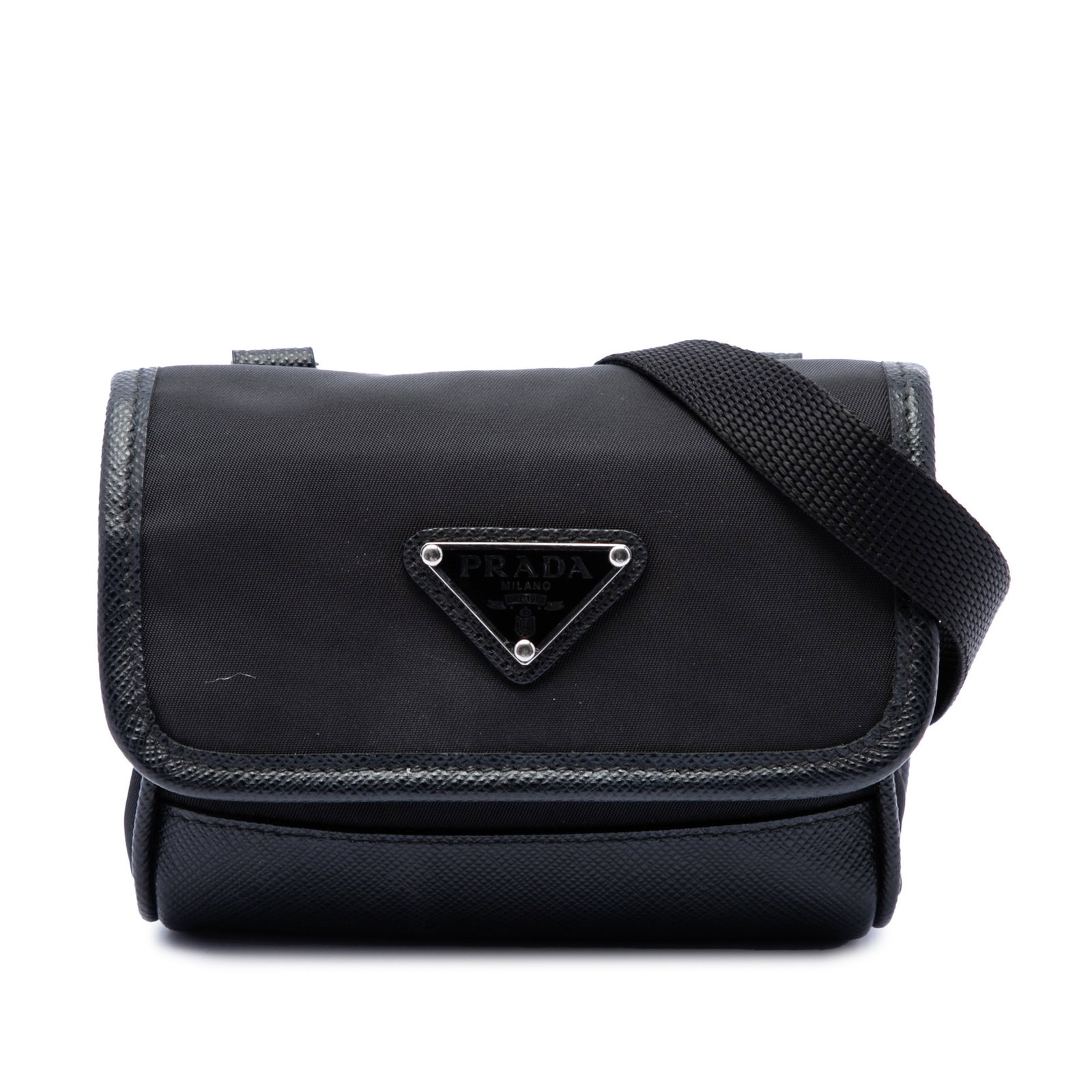 Prada Re Nylon Saffiano Crossbody Pouch Black: Prada Re Nylon Saffiano Crossbody Pouch Black Prada Re Nylon and Saffiano pouch crossbody bag in black. This compact bag features a nylon body with Saffiano leather trim, an adjustable flat shoulder s