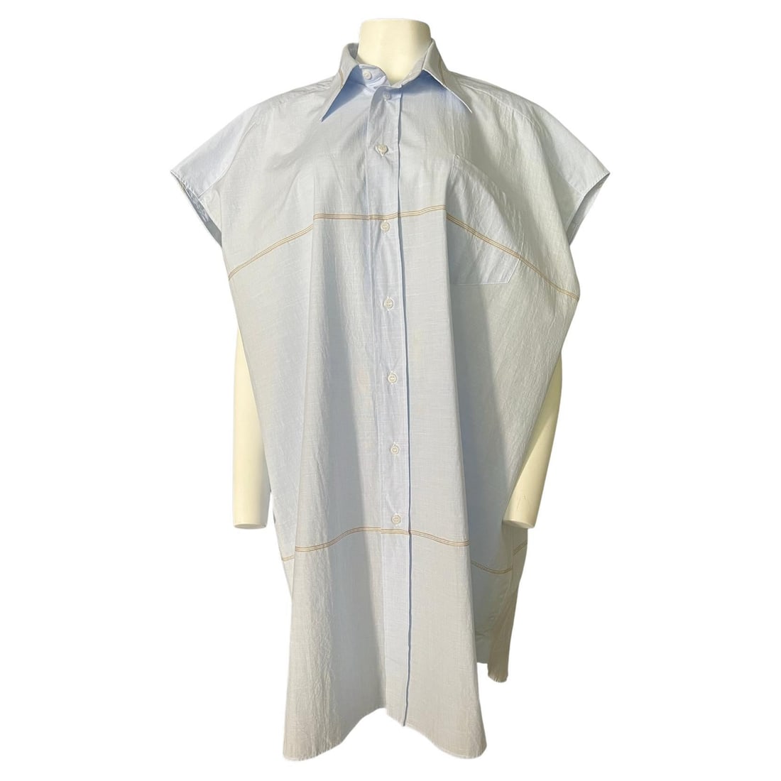 Maison Martin Margiela XS Light Blue Shirt Dress Striped Mid Length: Maison Martin Margiela XS Light Blue Shirt Dress Striped Mid Length Light blue Maison Margiela button-down dress in size XS with a mid-length, oversized fit. It features collar detail, a striped desig