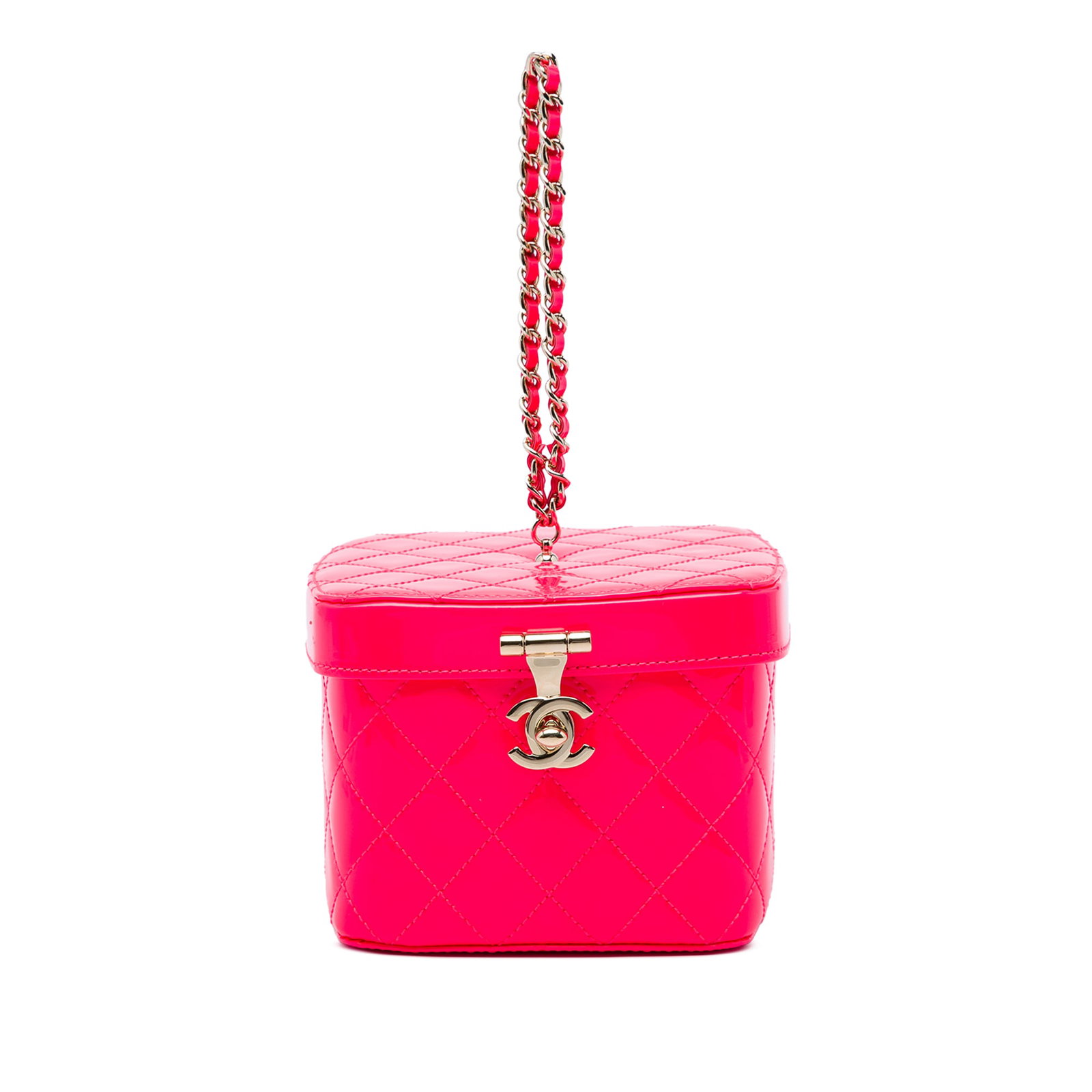 Chanel Mini CC patent leather vanity bag in pink: Chanel Mini CC patent leather vanity bag in pink Compact and structured, this Chanel Mini CC Quilted Patent Vanity Bag is crafted in pink quilted patent leather with a leather-woven chain link handle 