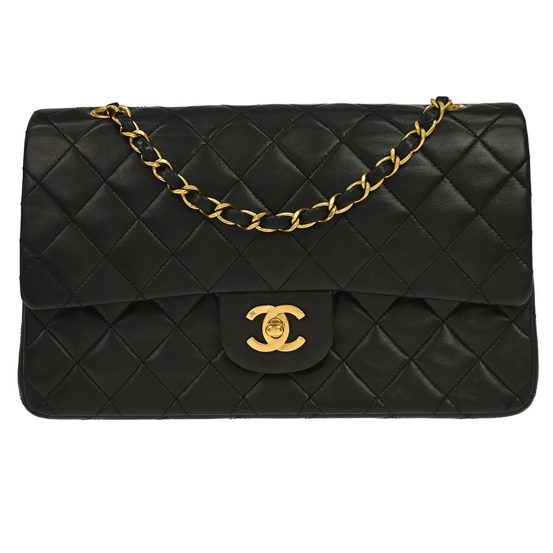 CHANEL Classic Double Flap Medium Shoulder Bag Black Lambskin: CHANEL Classic Double Flap Medium Shoulder Bag Black Lambskin Chanel Medium Classic Double Flap Shoulder Bag in black lambskin leather, made in France. This bag features a turn lock closure, shoulder 