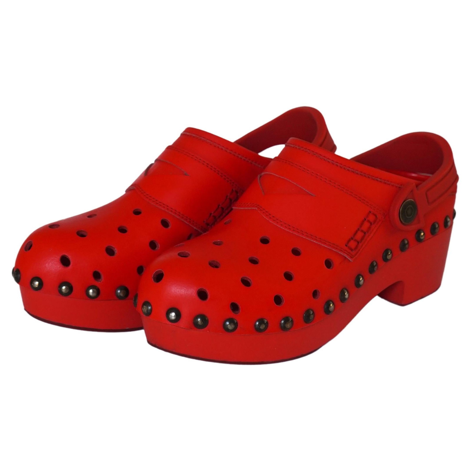 Maison Martin Margiela red leather clog shoes size 39: Maison Martin Margiela red leather clog shoes size 39 Maison Martin Margiela red leather platform croc clogs in marked size 39 (EU). These shoes feature perforated leather with a clog style, studs alo