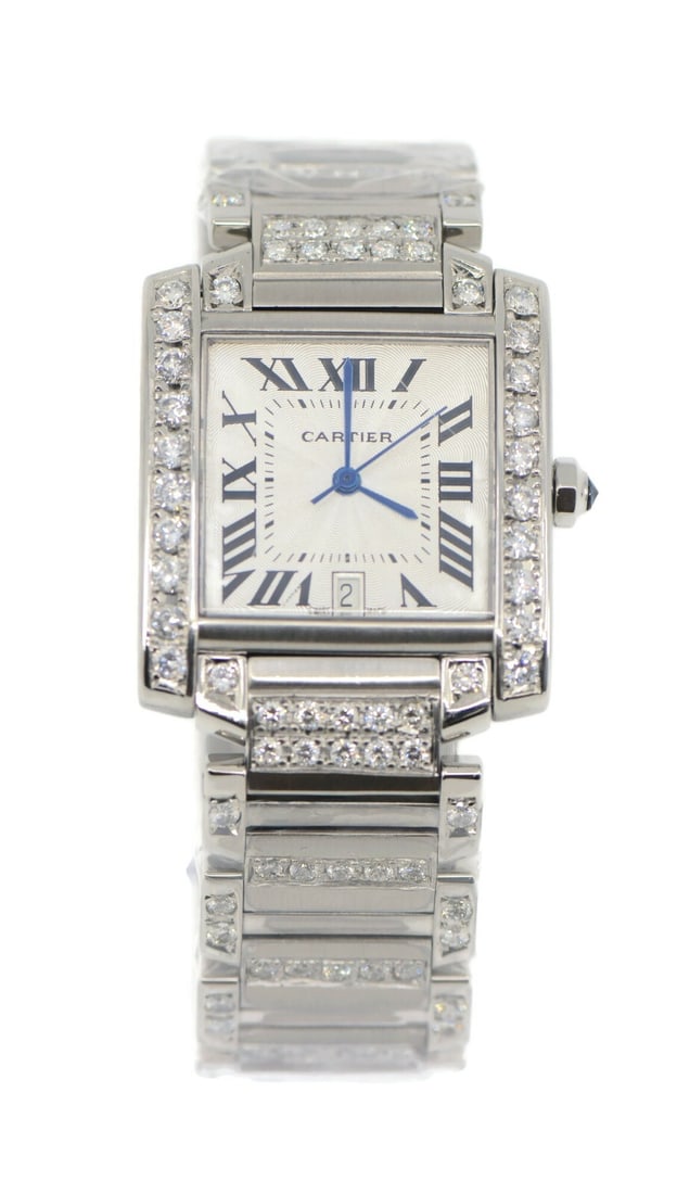Cartier Tank Francaise 2302 stainless steel diamond bezel wristwatch: Cartier Tank Francaise 2302 stainless steel diamond bezel wristwatch Pre-owned Cartier Tank Francaise large wristwatch with a stainless steel case and bracelet, automatic movement, and analog silver d