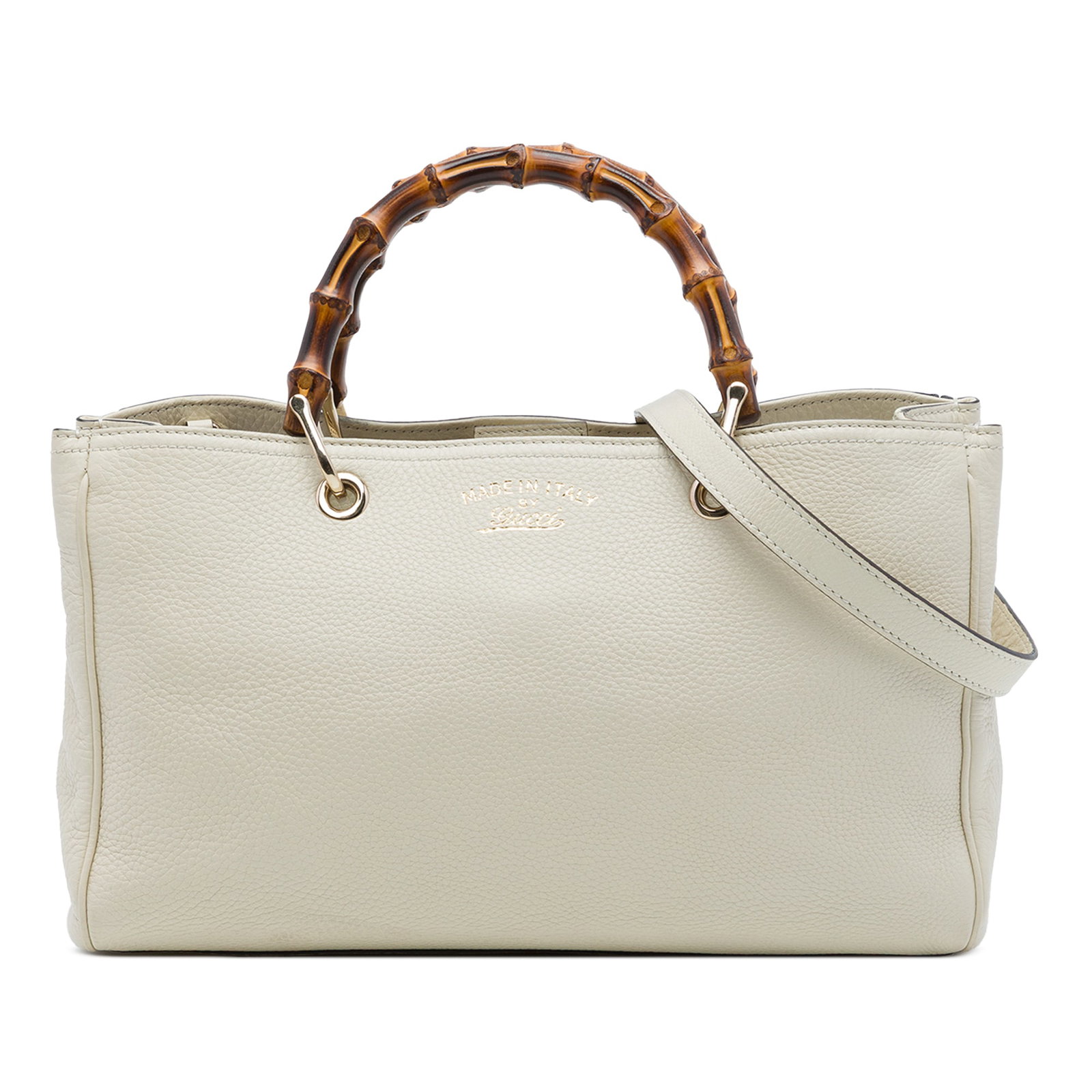 Gucci Bamboo Shopper Medium Calfskin Leather Satchel White: Gucci Bamboo Shopper Medium Calfskin Leather Satchel White A Gucci Bamboo Shopper satchel crafted in white calfskin leather with signature bamboo top handles and a detachable flat leather strap. The o