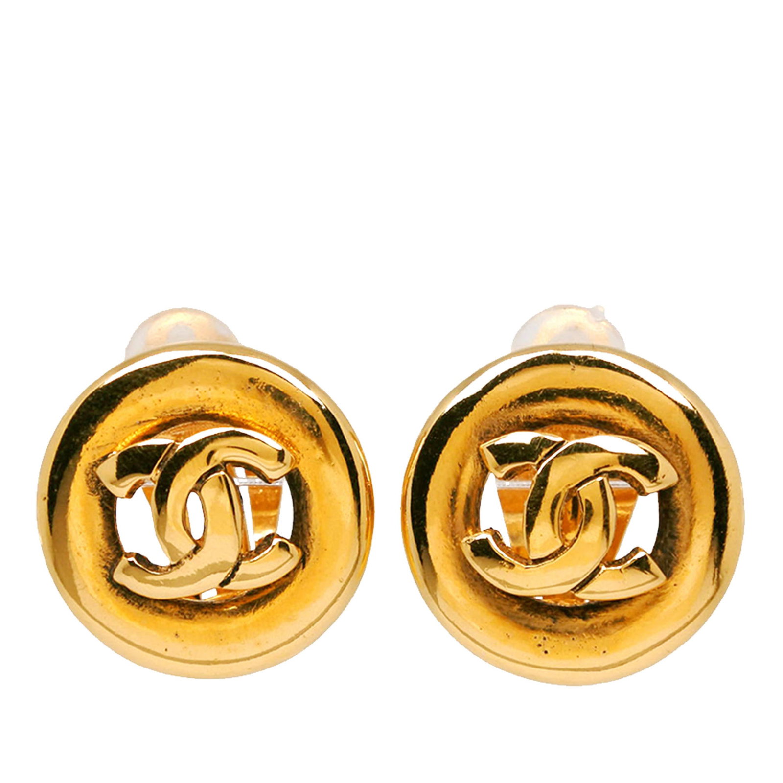 Chanel CC Round Clip On Earrings Gold Plated Metal: Chanel CC Round Clip On Earrings Gold Plated Metal Round clip-on earrings from Chanel with a gold plated metal body and CC motif. Made in France, this costume jewelry pair includes the box. Condition 