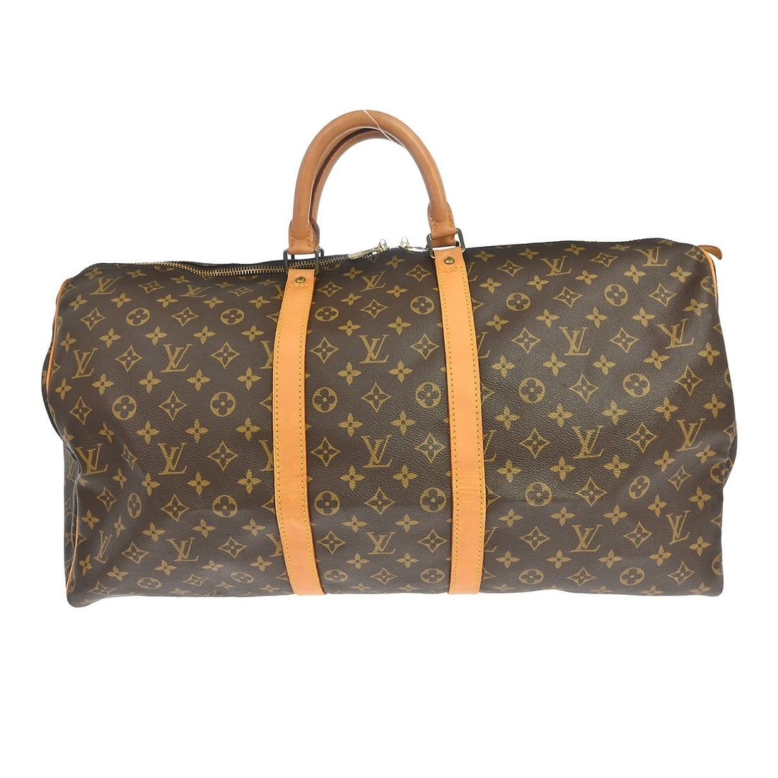 Louis Vuitton Keepall 55 Monogram Canvas Duffle Bag M41424: Louis Vuitton Keepall 55 Monogram Canvas Duffle Bag M41424 Vintage Louis Vuitton Keepall 55 travel handbag in Monogram canvas with leather trim and double handles. This extra large duffle-style bag fe