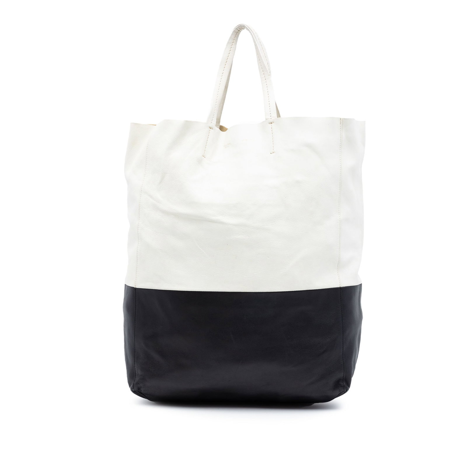 Celine Vertical Cabas Bicolor Leather Tote Bag: Celine Vertical Cabas Bicolor Leather Tote Bag A Celine Bicolor Leather Vertical Cabas Tote crafted in leather with flat leather straps, an open top, and an interior zip pocket. Made in Italy, this to