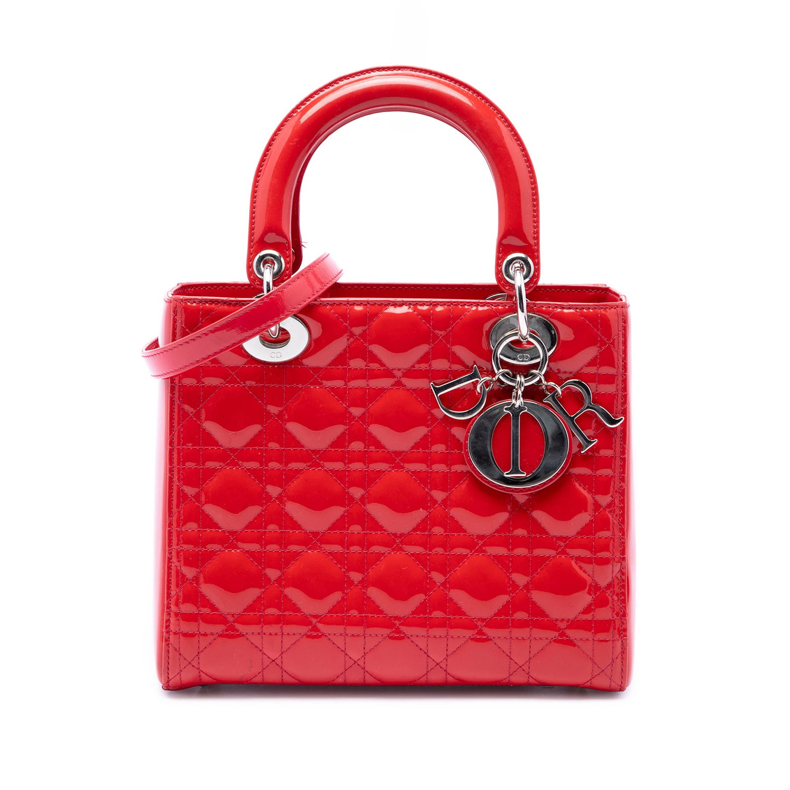Dior Lady Dior Medium Cannage Patent Leather Bag Red: Dior Lady Dior Medium Cannage Patent Leather Bag Red Medium Lady Dior handbag in red patent leather with Cannage quilting. This bag features flat top handles, a detachable flat leather strap, a top zi