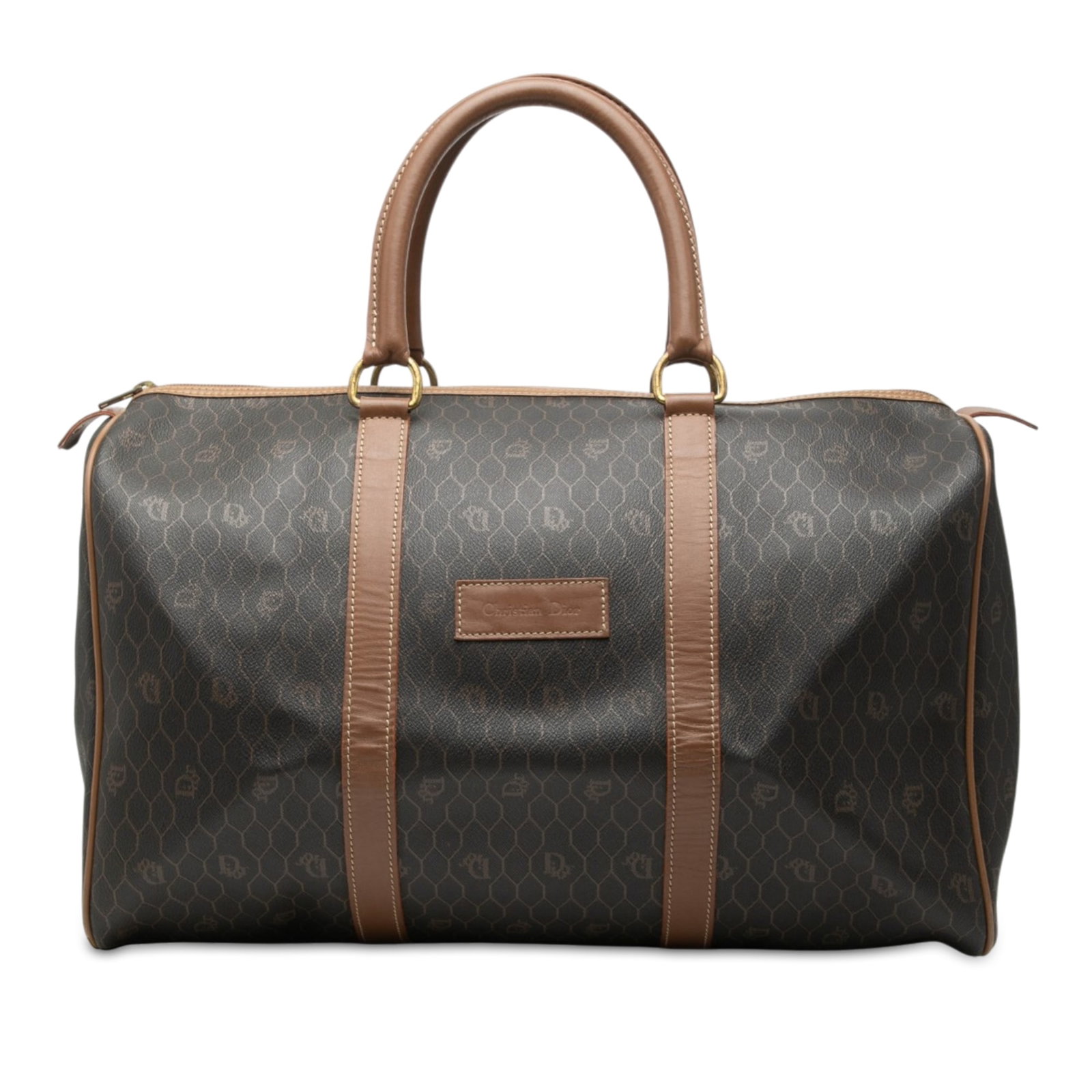 Dior Honeycomb Boston Bag in Coated Canvas with Leather Trim: Dior Honeycomb Boston Bag in Coated Canvas with Leather Trim A Dior Honeycomb Boston bag crafted with a coated canvas body and leather trim. It features rolled leather handles, a top zip closure, and 