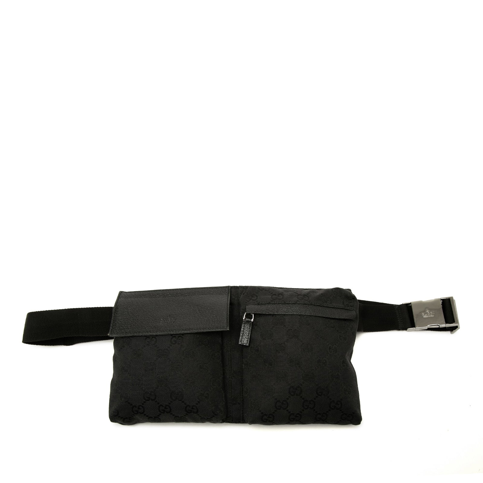 Gucci GG Canvas Belt Bag with Double Front Pockets Black: Gucci GG Canvas Belt Bag with Double Front Pockets Black Gucci GG Canvas Double Pocket Belt Bag in black with a canvas body and adjustable waist strap. The design includes exterior front flap and zip 