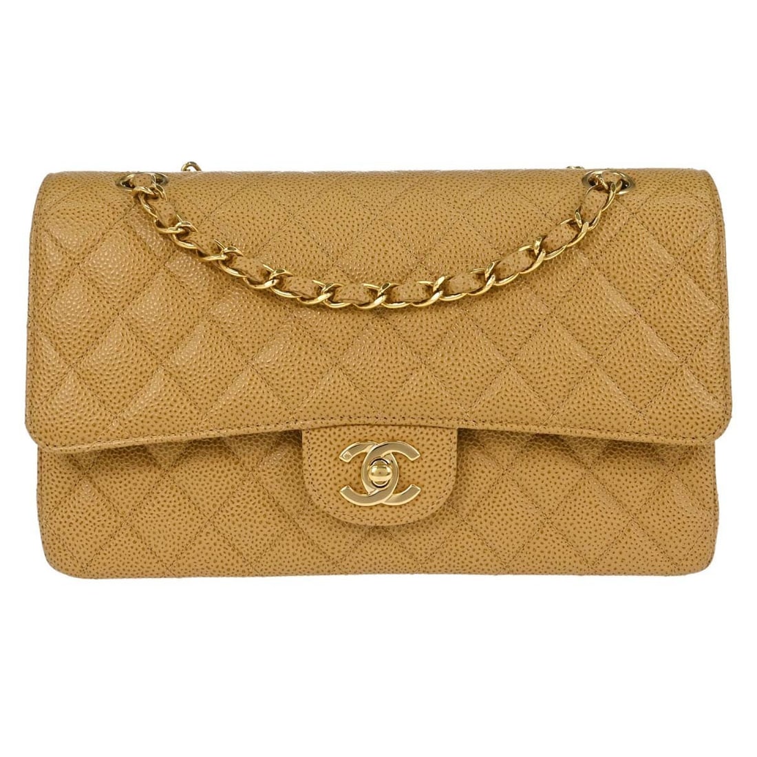 CHANEL Classic Double Flap Medium Beige Caviar Leather Shoulder Bag: CHANEL Classic Double Flap Medium Beige Caviar Leather Shoulder Bag Beige Chanel Classic Double Flap Medium shoulder bag in caviar skin leather with a matelasse pattern and leather lining. It features