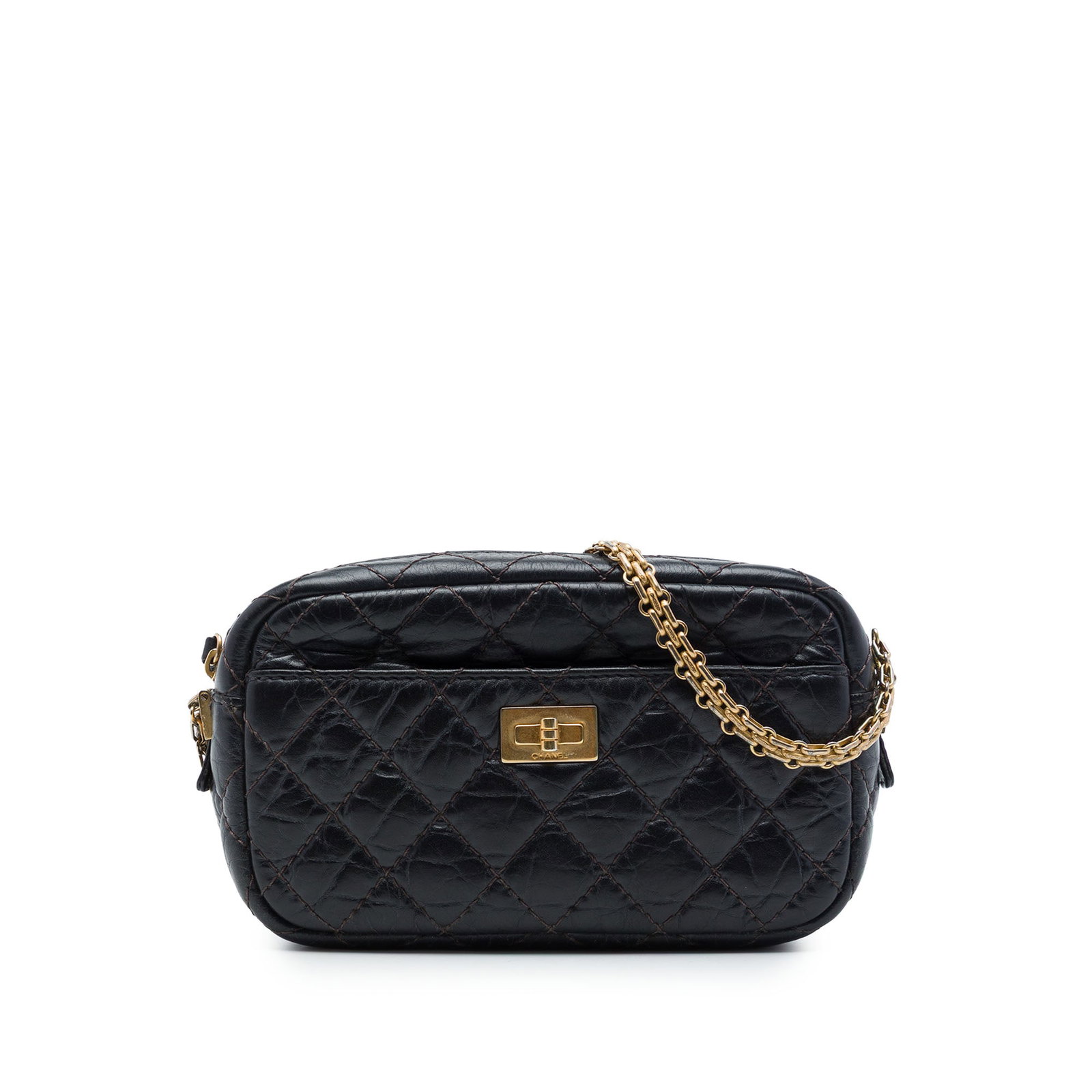 Chanel Reissue Mini Camera Crossbody in Quilted Aged Calfskin: Chanel Reissue Mini Camera Crossbody in Quilted Aged Calfskin Chanel Mini Quilted Aged Calfskin Reissue Camera Bag in black. This crossbody bag features a quilted aged calfskin body, a bijoux chain st