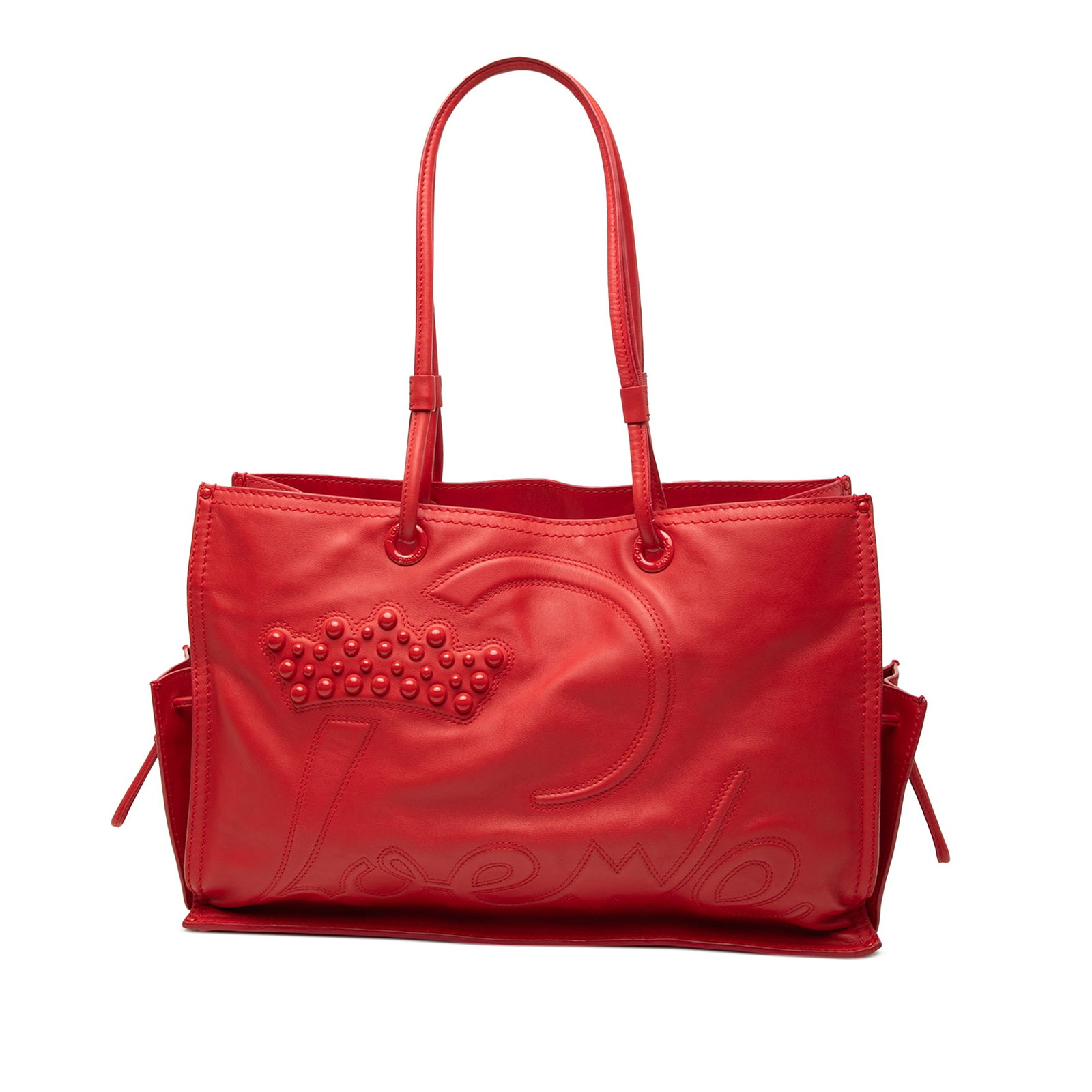 LOEWE Crown Studded Leather Tote Bag Red: LOEWE Crown Studded Leather Tote Bag Red A LOEWE Studded Leather Crown Tote in red leather with stud detailing and rolled leather handles. The bag features an open top, exterior side slip pockets with