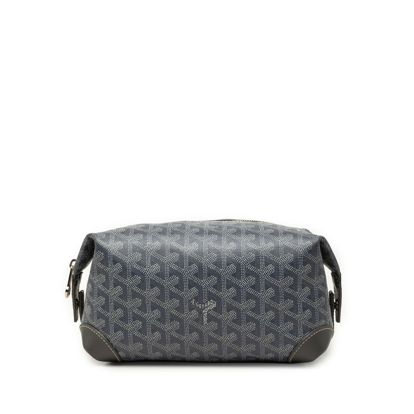 Goyard Goyardine Boeing 25 Gray Toiletry Pouch: Goyard Goyardine Boeing 25 Gray Toiletry Pouch The Goyardine Boeing 25 toiletry pouch is crafted with a coated canvas body, leather trim, and a top zip closure. Made in France, this gray pouch shows c