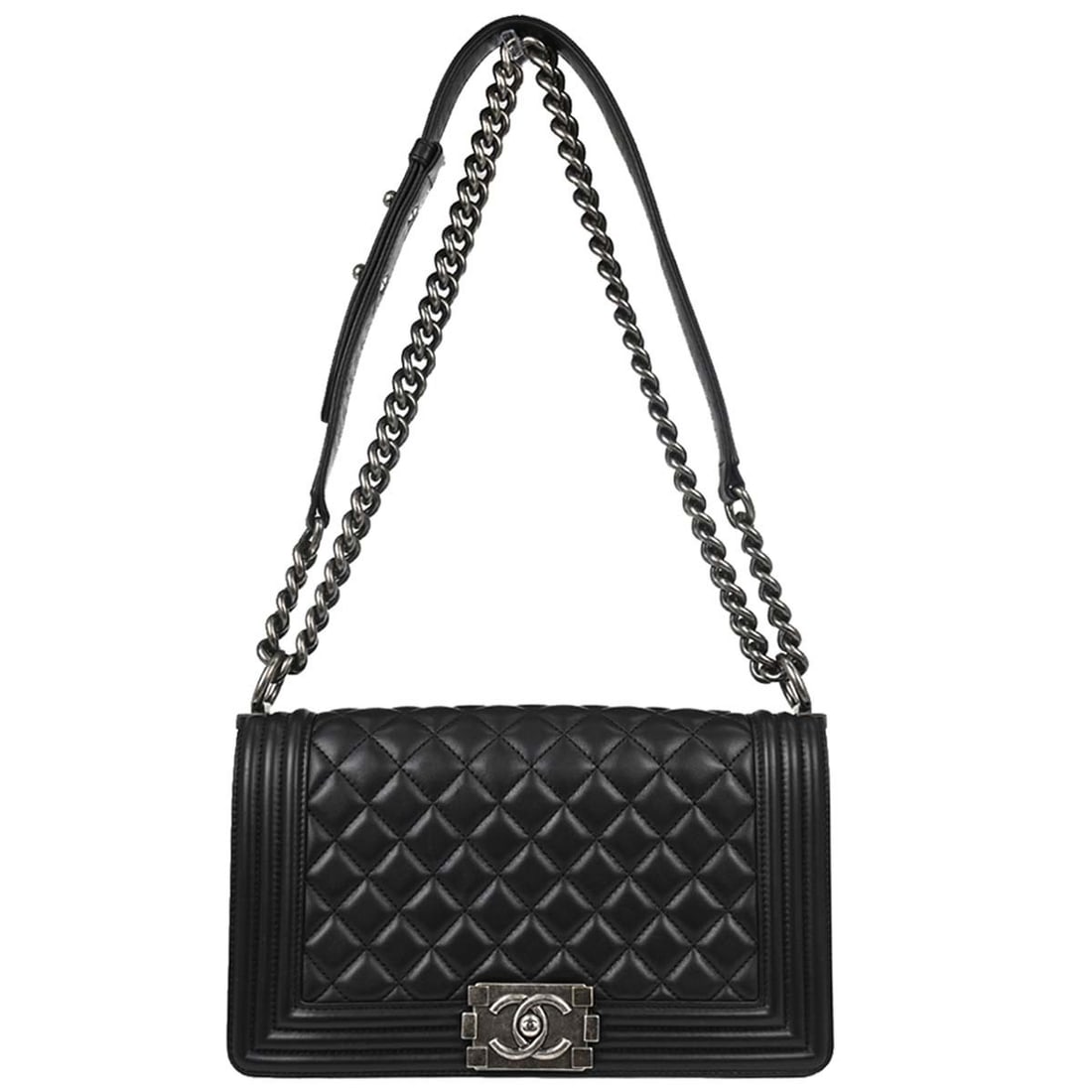 CHANEL Boy Medium Shoulder Bag Black Lambskin Chain Strap: CHANEL Boy Medium Shoulder Bag Black Lambskin Chain Strap Vintage Chanel Boy Medium shoulder bag in black lambskin with a quilted exterior, push-lock closure, and silver-color hardware. The bag featur