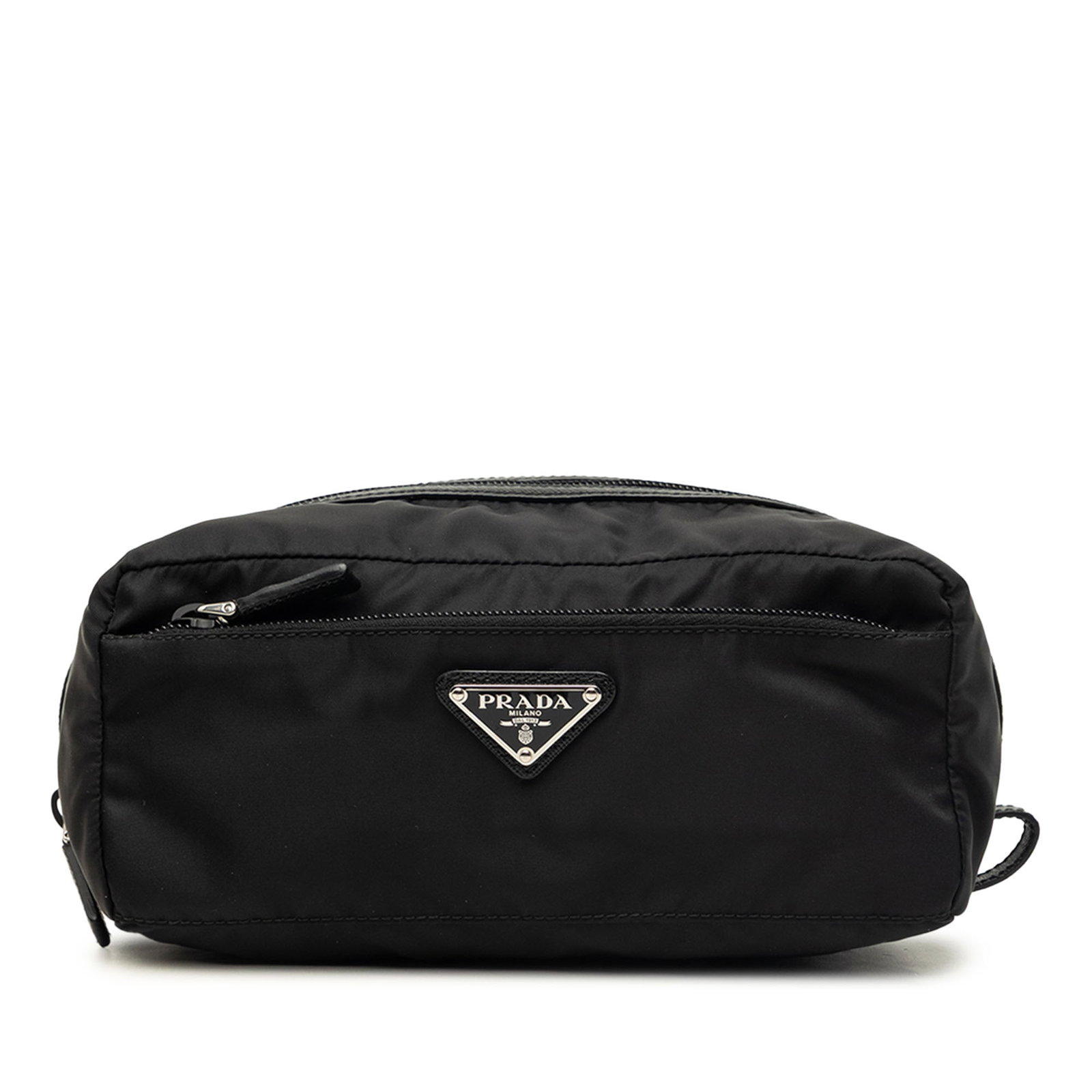 Prada Tessuto Zip Pouch with Saffiano Leather Trim: Prada Tessuto Zip Pouch with Saffiano Leather Trim A Prada Tessuto pouch with Saffiano leather trim, designed with a top zip closure and an exterior front zip pocket. The black nylon body offers a sle