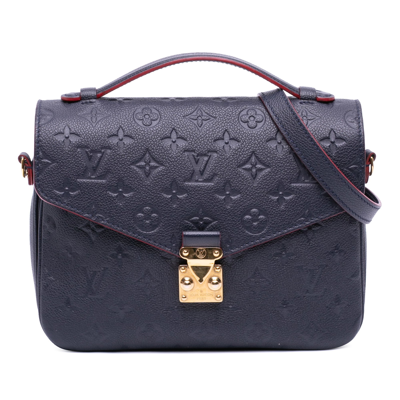 Louis Vuitton Pochette Metis Blue Monogram Empreinte Leather Bag: Louis Vuitton Pochette Metis Blue Monogram Empreinte Leather Bag Louis Vuitton Pochette Metis in blue Monogram Empreinte leather with a structured silhouette, top handle, and detachable strap. The bag