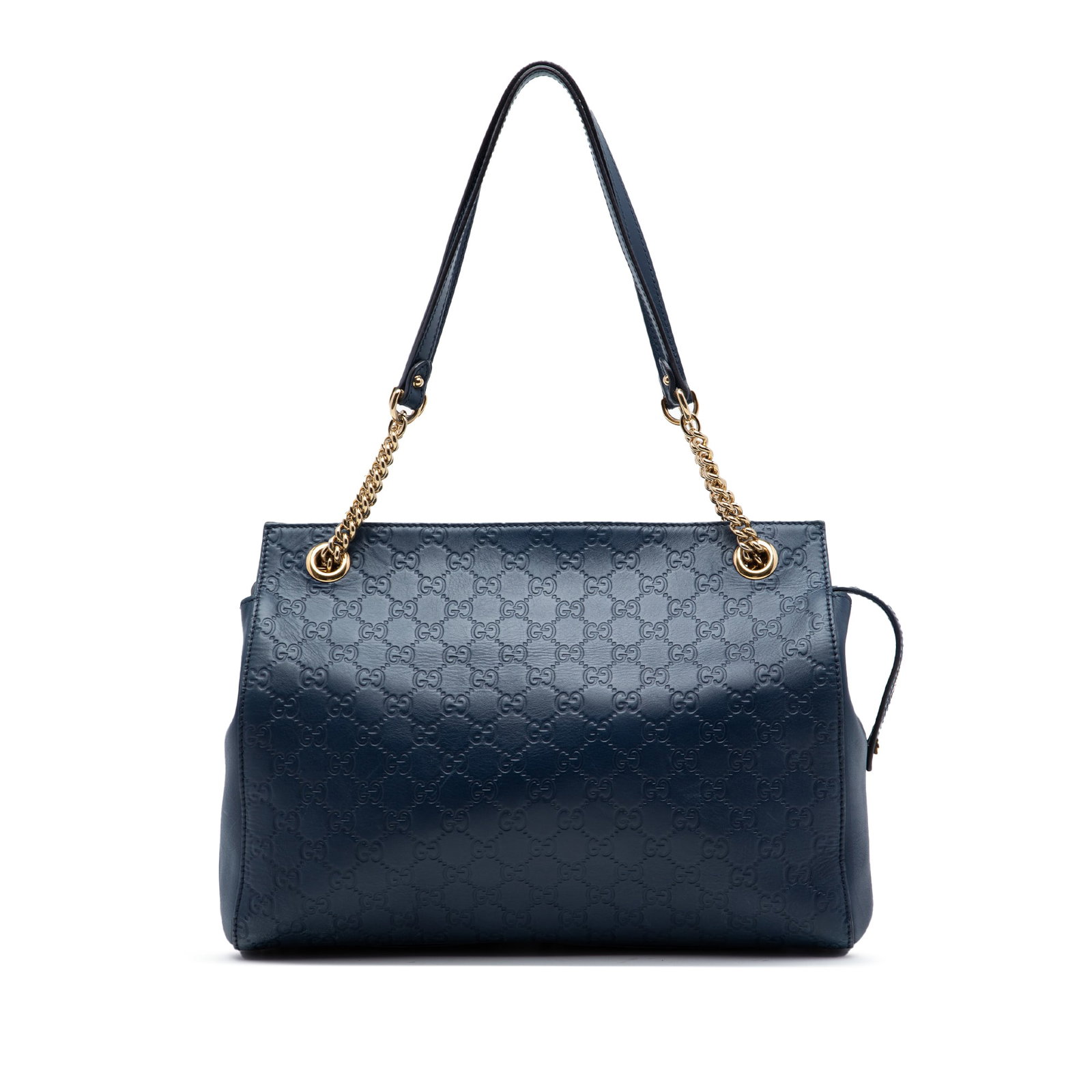 Gucci Medium Guccissima Soft Signature Blue Leather Tote Bag: Gucci Medium Guccissima Soft Signature Blue Leather Tote Bag A Gucci Medium Guccissima Soft Signature Tote in blue embossed leather. This tote features gold-tone chain link and leather straps, a top z