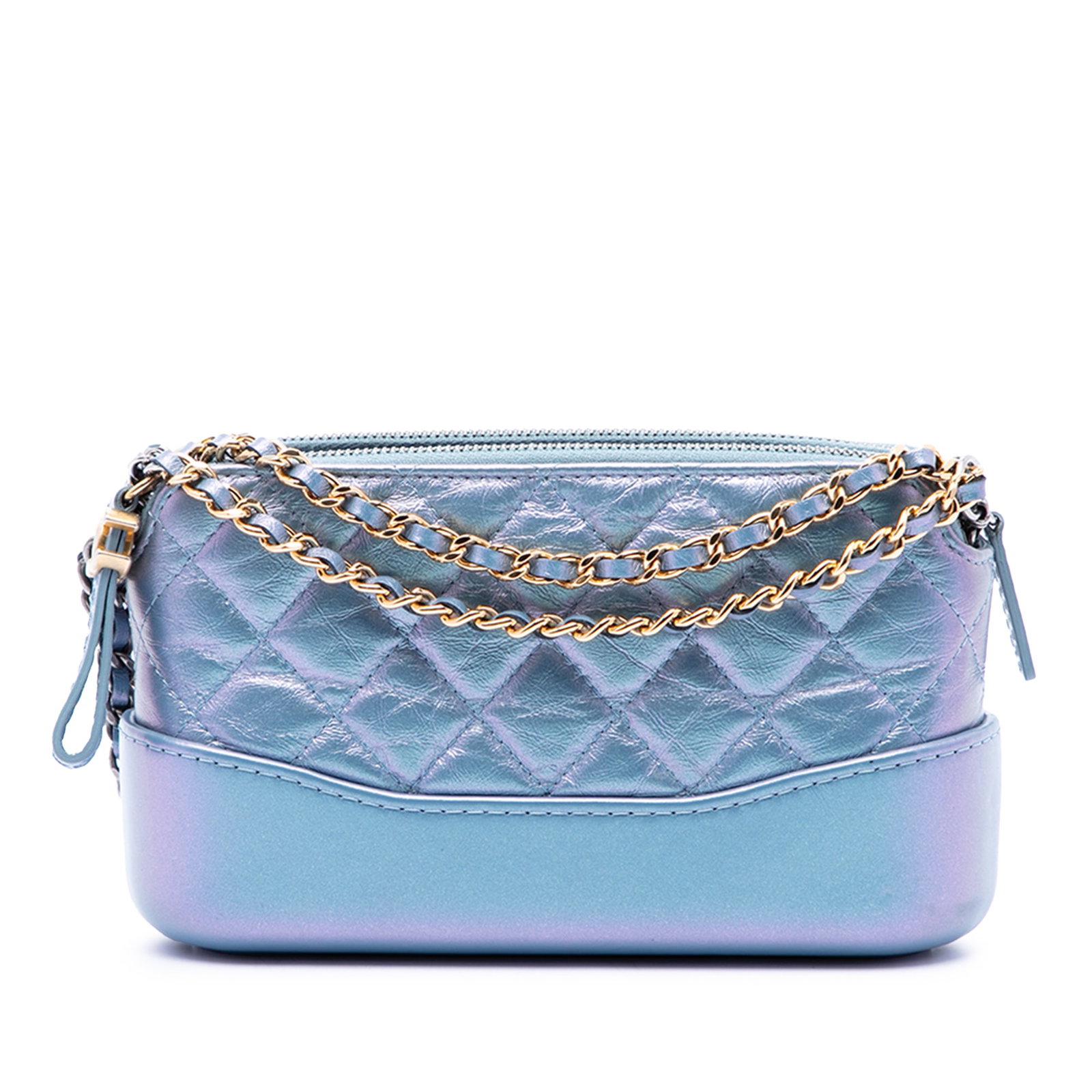Chanel Gabrielle Double Zip Chain Clutch Iridescent Blue Calfskin: Chanel Gabrielle Double Zip Chain Clutch Iridescent Blue Calfskin Chanel Gabrielle double zip clutch with chain in blue iridescent aged calfskin leather. This crossbody style features a leather-woven 
