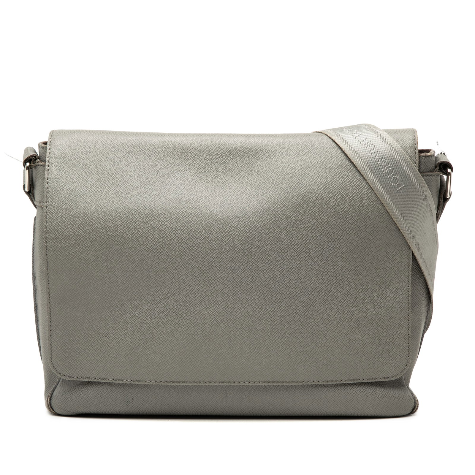 Louis Vuitton Taiga Roman MM Leather Shoulder Bag Gray: Louis Vuitton Taiga Roman MM Leather Shoulder Bag Gray The Louis Vuitton Taiga Roman MM is a gray leather shoulder bag with a structured flap-front design and magnetic snap closure. It features a flat