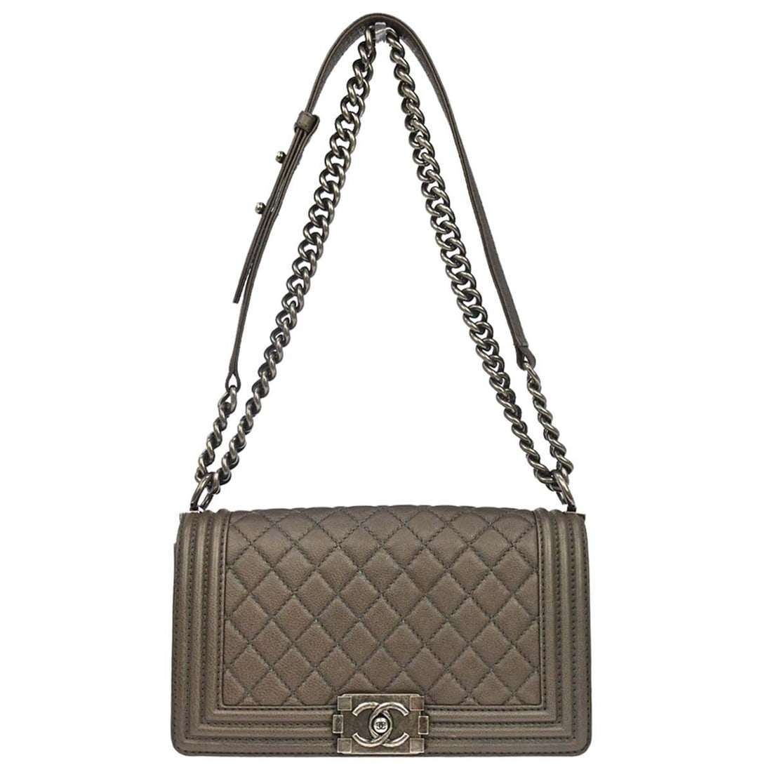 CHANEL Boy Medium Shoulder Bag Brown Caviar Leather Chain Strap: CHANEL Boy Medium Shoulder Bag Brown Caviar Leather Chain Strap Medium Boy Chanel shoulder bag in brown caviar skin leather with a push-lock closure, chain shoulder strap, fabric lining, and inner poc
