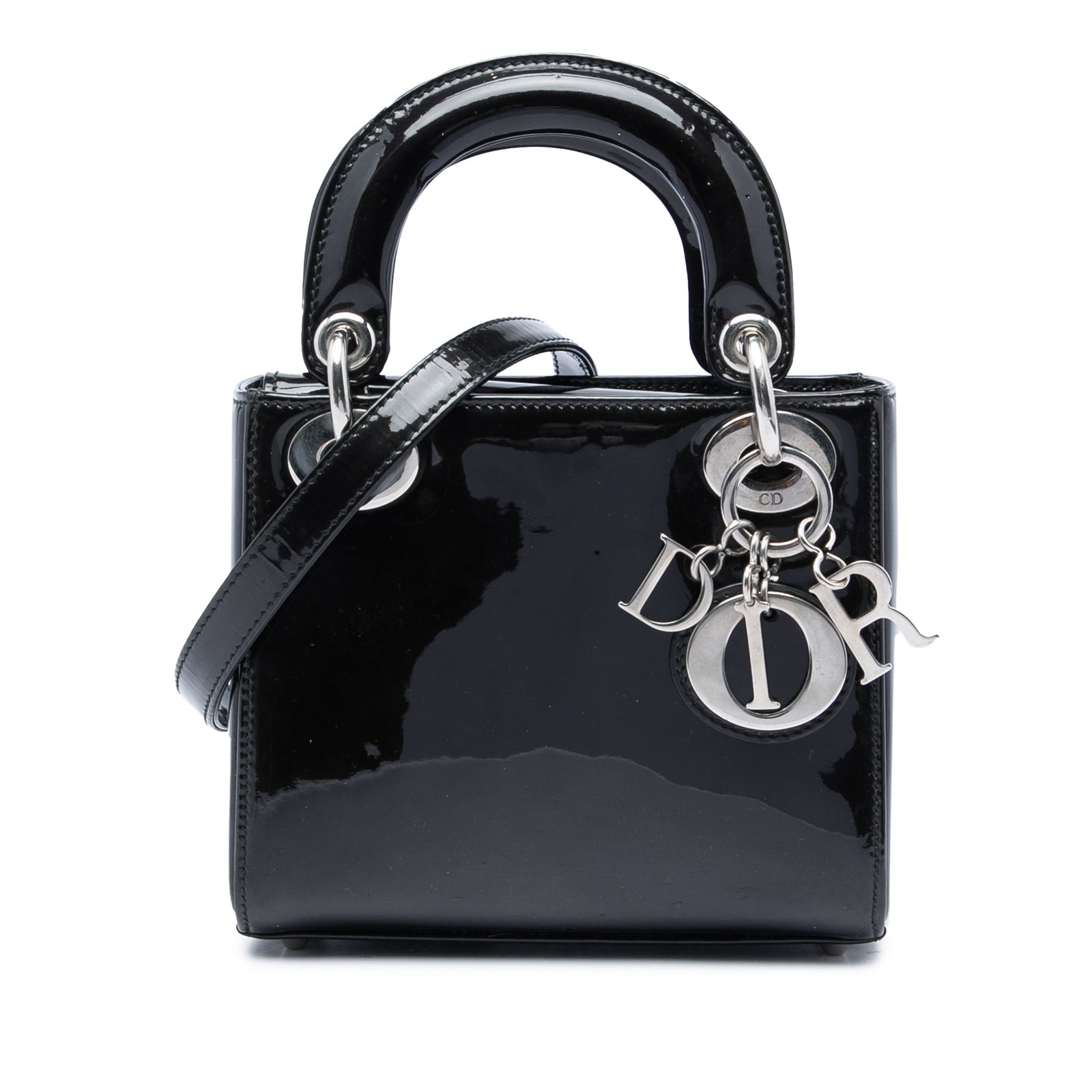 Dior Mini Lady Dior Patent Leather Handbag Black: Dior Mini Lady Dior Patent Leather Handbag Black A compact Lady Dior handbag crafted in black patent leather with structured top handles and a detachable chain link strap with a leather shoulder guard