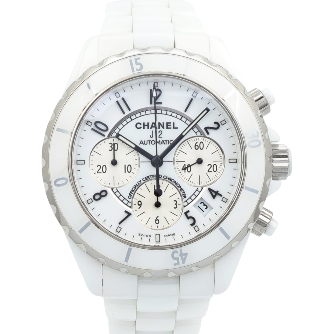 CHANEL H1007 J12 Chronograph White Ceramic Automatic Wristwatch: CHANEL H1007 J12 Chronograph White Ceramic Automatic Wristwatch CHANEL J12 Chronograph H1007 automatic wristwatch in white ceramic, designed for women. This watch features a white dial and matching wh