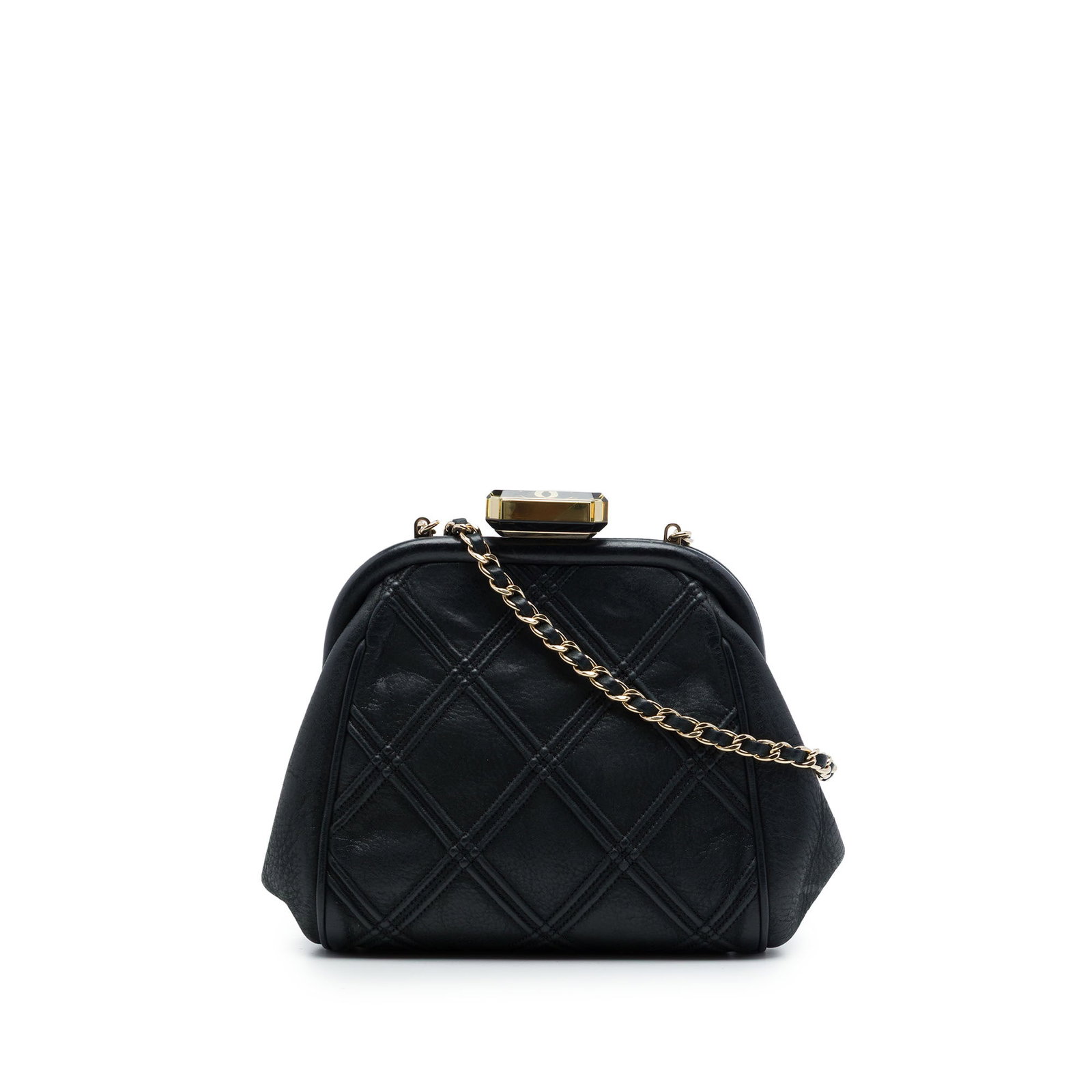 Chanel CC Kiss Lock Chain Clutch in Quilted Black Lambskin: Chanel CC Kiss Lock Chain Clutch in Quilted Black Lambskin A Chanel clutch with chain crafted in black quilted lambskin leather. This bag features a leather-woven chain link strap, a top frame with ki