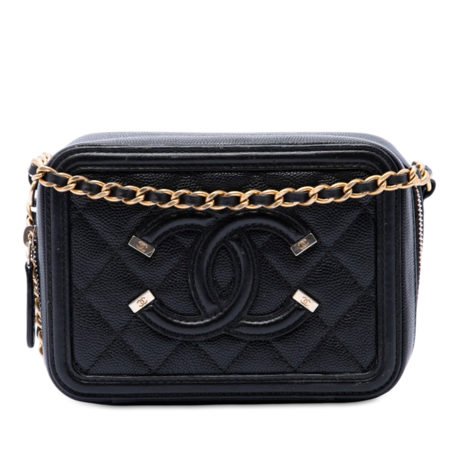 Chanel CC Filigree Vanity Clutch with Chain in Black Caviar Leather: Chanel CC Filigree Vanity Clutch with Chain in Black Caviar Leather A Chanel Caviar CC Filigree Vanity Clutch with Chain in black quilted caviar leather. This crossbody bag features a leather-woven ch