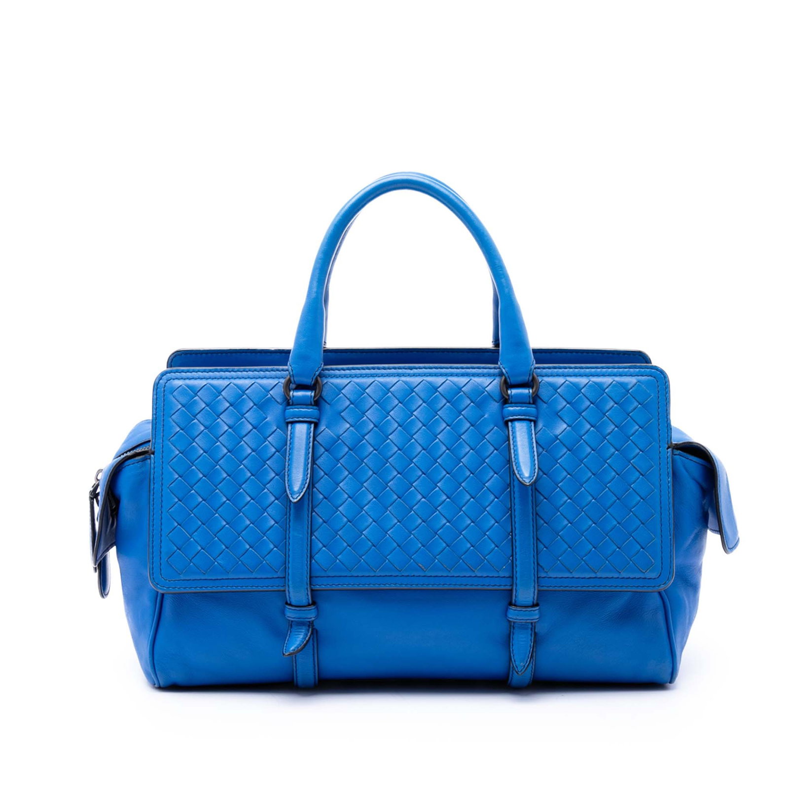 Blue Leather Satchel Bottega Veneta Monaco Intrecciato Medium: Blue Leather Satchel Bottega Veneta Monaco Intrecciato Medium A Bottega Veneta Medium Nappa Intrecciato Monaco satchel in blue leather with the brand's signature woven body. It features rolled leather