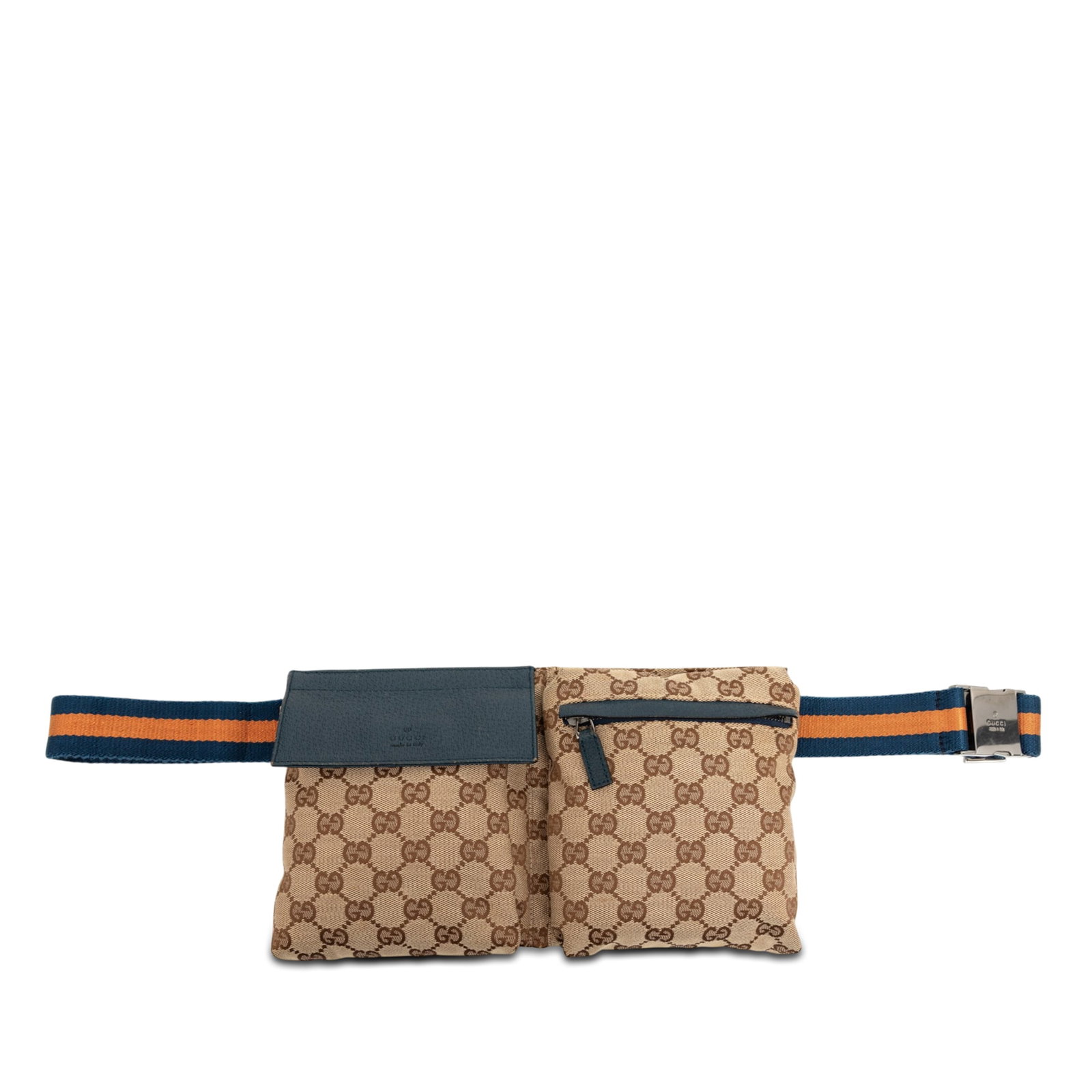 Gucci GG Canvas Web Belt Bag with Double Pockets: Gucci GG Canvas Web Belt Bag with Double Pockets Gucci GG Canvas Web Double Pocket Belt Bag with a canvas body and leather trim. The design includes an adjustable flat waist strap, exterior front flap
