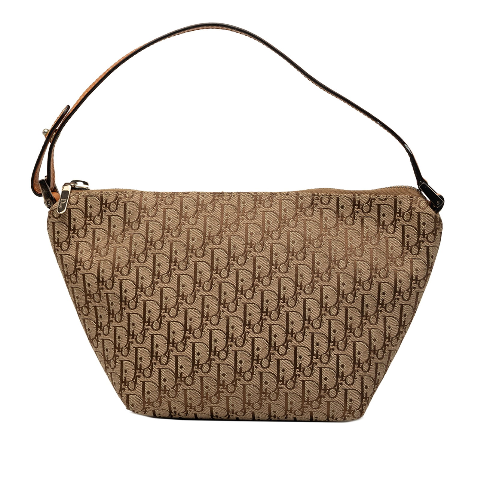Dior Diorissimo Trotter Brown Canvas Zip Handbag: Dior Diorissimo Trotter Brown Canvas Zip Handbag A Dior Diorissimo Trotter handbag crafted with a canvas body, a flat leather handle, and a top zip closure. The bag is brown and shows visible wear con