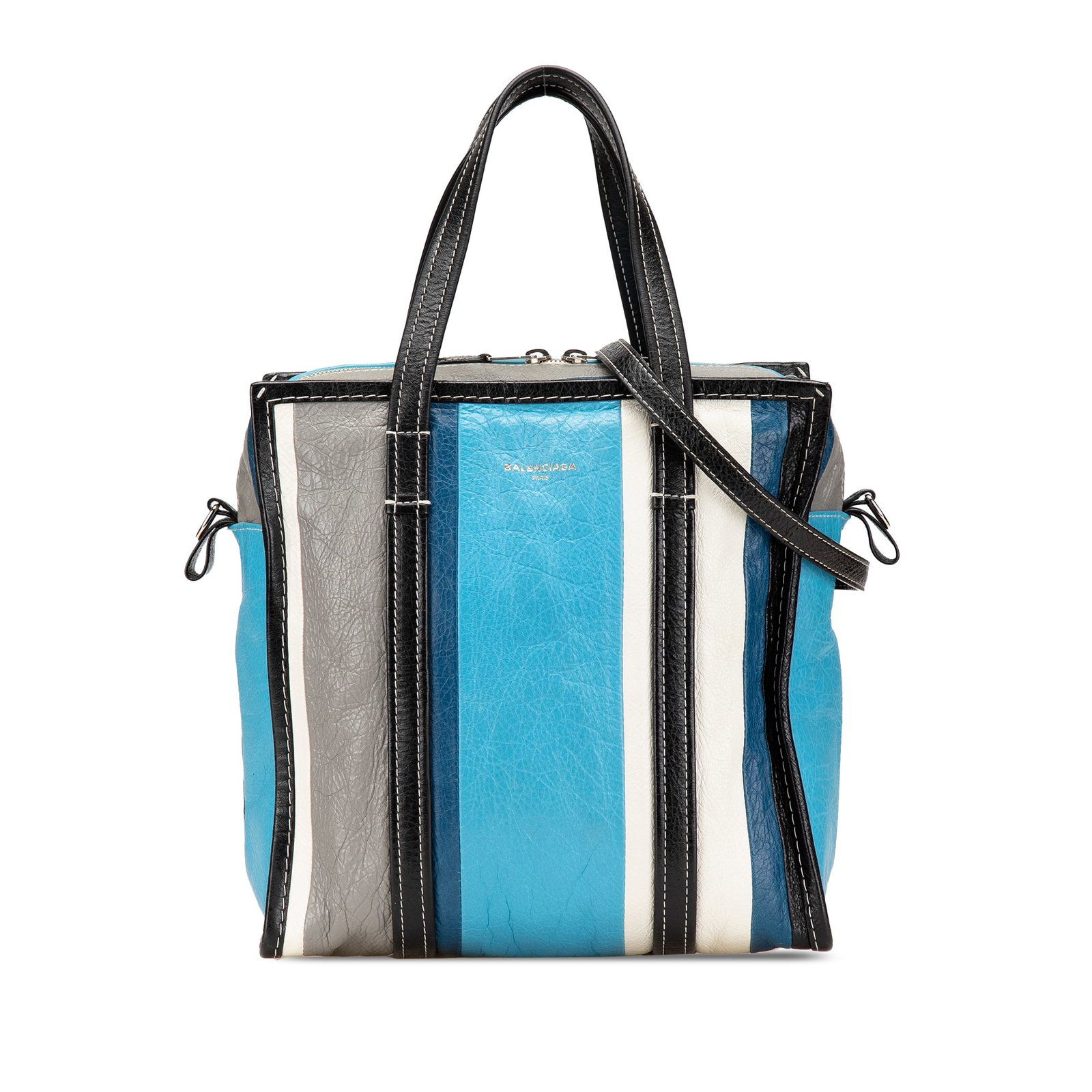 Balenciaga Bazar Shopper S blue lambskin leather satchel: Balenciaga Bazar Shopper S blue lambskin leather satchel The Balenciaga S Lambskin Bazar Shopper Satchel is a stylish and functional accessory crafted from high-quality leather. This bag features flat