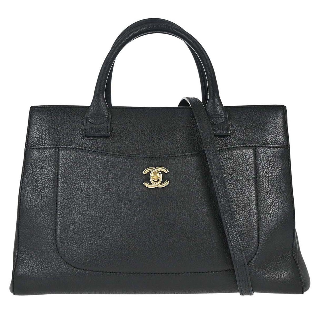 CHANEL Neo Executive Cerf Black Calfskin 2 Way Tote: CHANEL Neo Executive Cerf Black Calfskin 2 Way Tote Chanel Neo Executive Cerf 2way tote bag in black calfskin with double handles and a magnetic closure. This large women's tote features a black canva