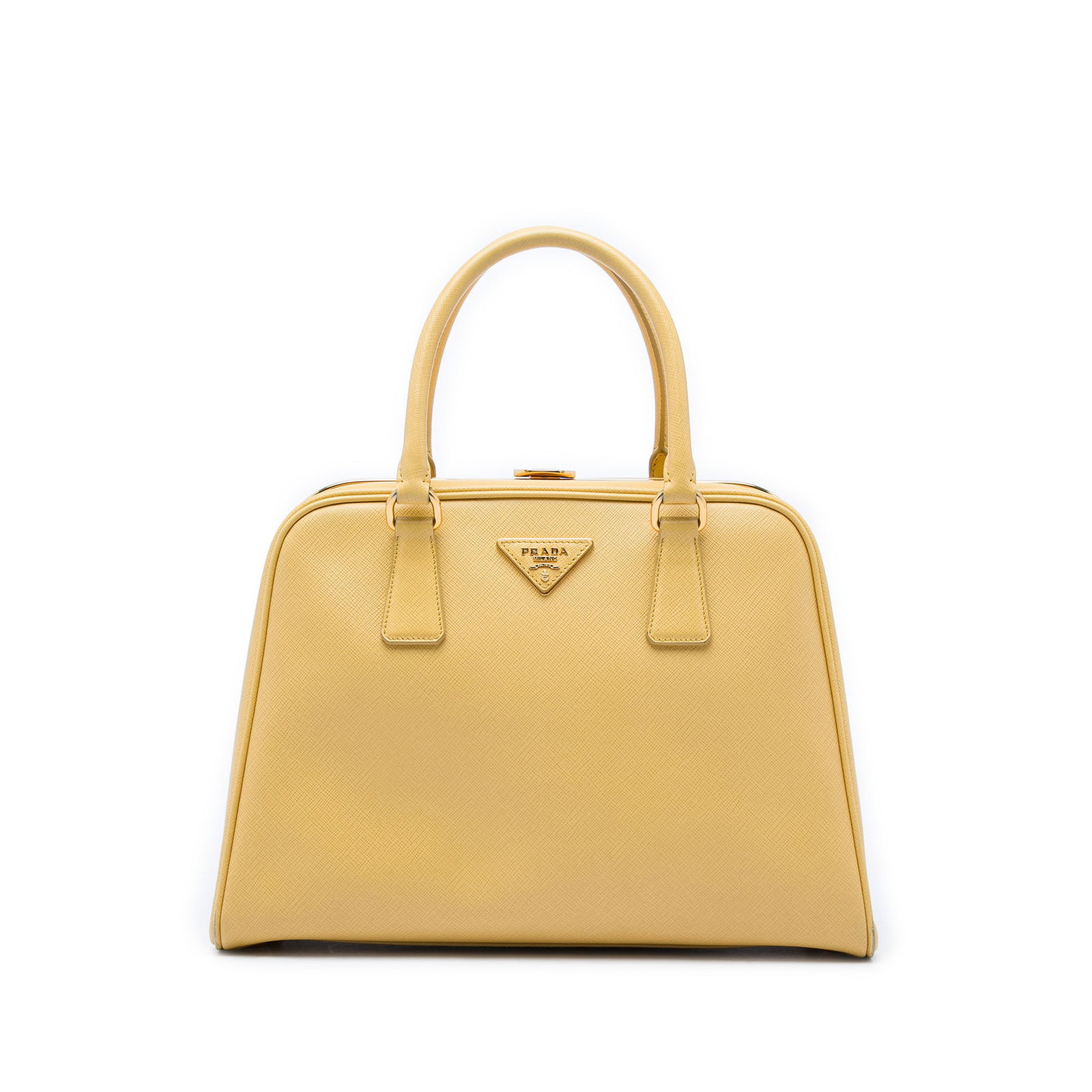 Prada Pyramid Frame Saffiano Lux Leather Handbag Yellow: Prada Pyramid Frame Saffiano Lux Leather Handbag Yellow Prada Saffiano Lux Pyramid Frame handbag in yellow saffiano leather. This structured handbag features rolled handles, a spring hinge top closure