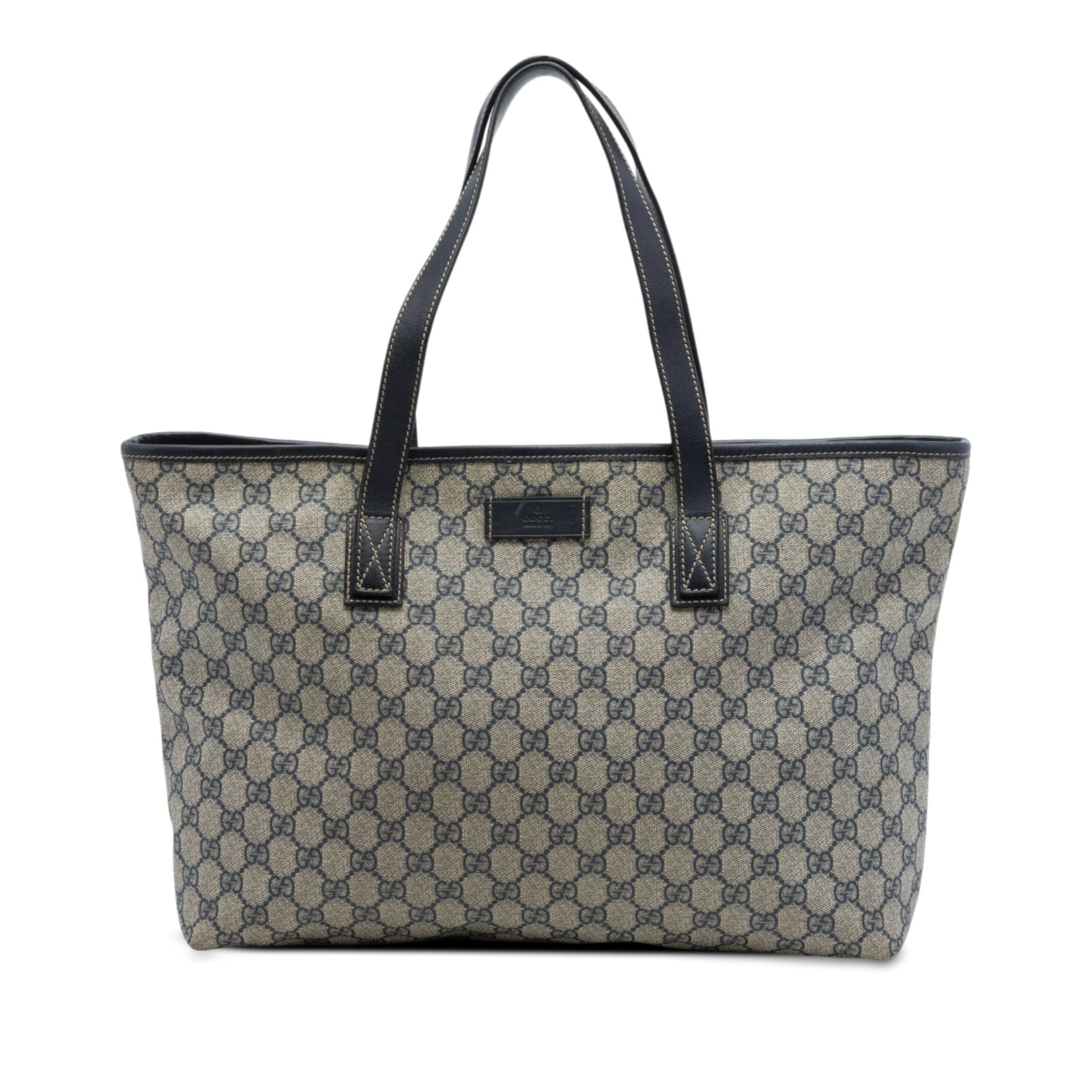Gucci Medium GG Supreme Tote Bag Beige Coated Canvas: Gucci Medium GG Supreme Tote Bag Beige Coated Canvas Gucci Medium GG Supreme Tote in beige with a coated canvas body and leather trim. This zip-top tote features flat leather straps and an interior sl