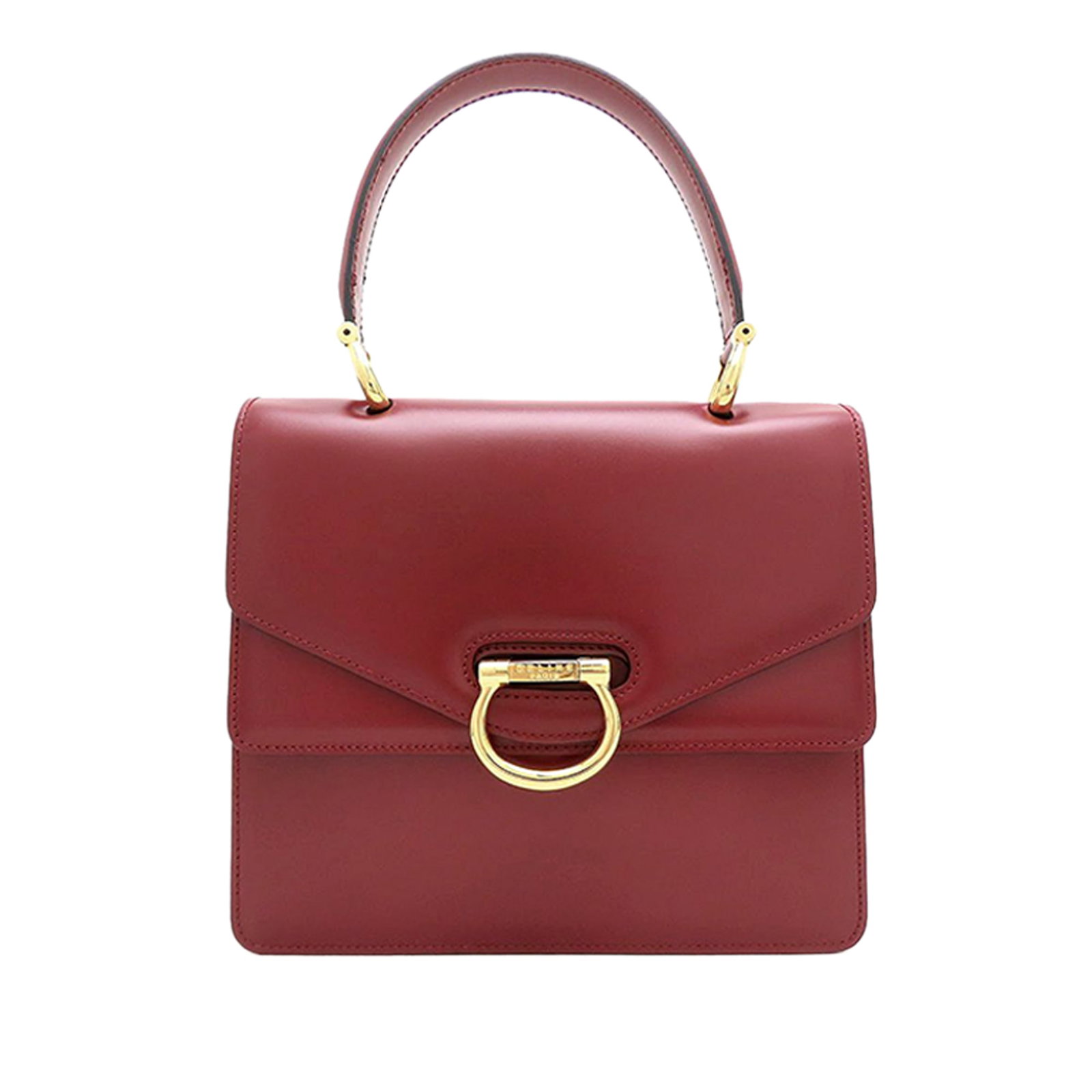 Celine Leather Top Handle Handbag with Double Flap Red: Celine Leather Top Handle Handbag with Double Flap Red A structured Celine top handle bag crafted in red leather with a flat top handle and double front flaps with flip lock closure. The interior incl