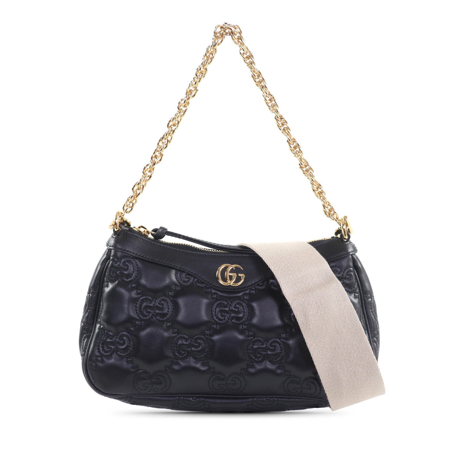 Gucci GG Matelasse Small Leather Satchel Black: Gucci GG Matelasse Small Leather Satchel Black A black leather satchel with GG matelasse styling, this compact bag features a chain link handle, a detachable flat strap, a top zip closure, and an inte