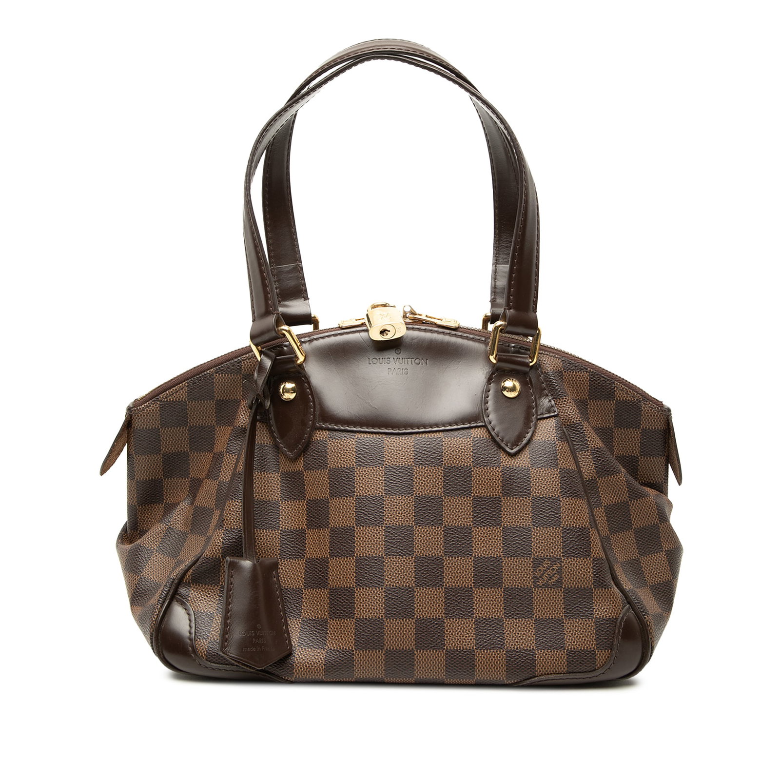 Louis Vuitton Verona PM Damier Ebene Brown Handbag: Louis Vuitton Verona PM Damier Ebene Brown Handbag This Louis Vuitton Verona PM is crafted in Damier Ebene canvas with flat top handles, a zip-top closure, and an interior slip pocket. Made in France,