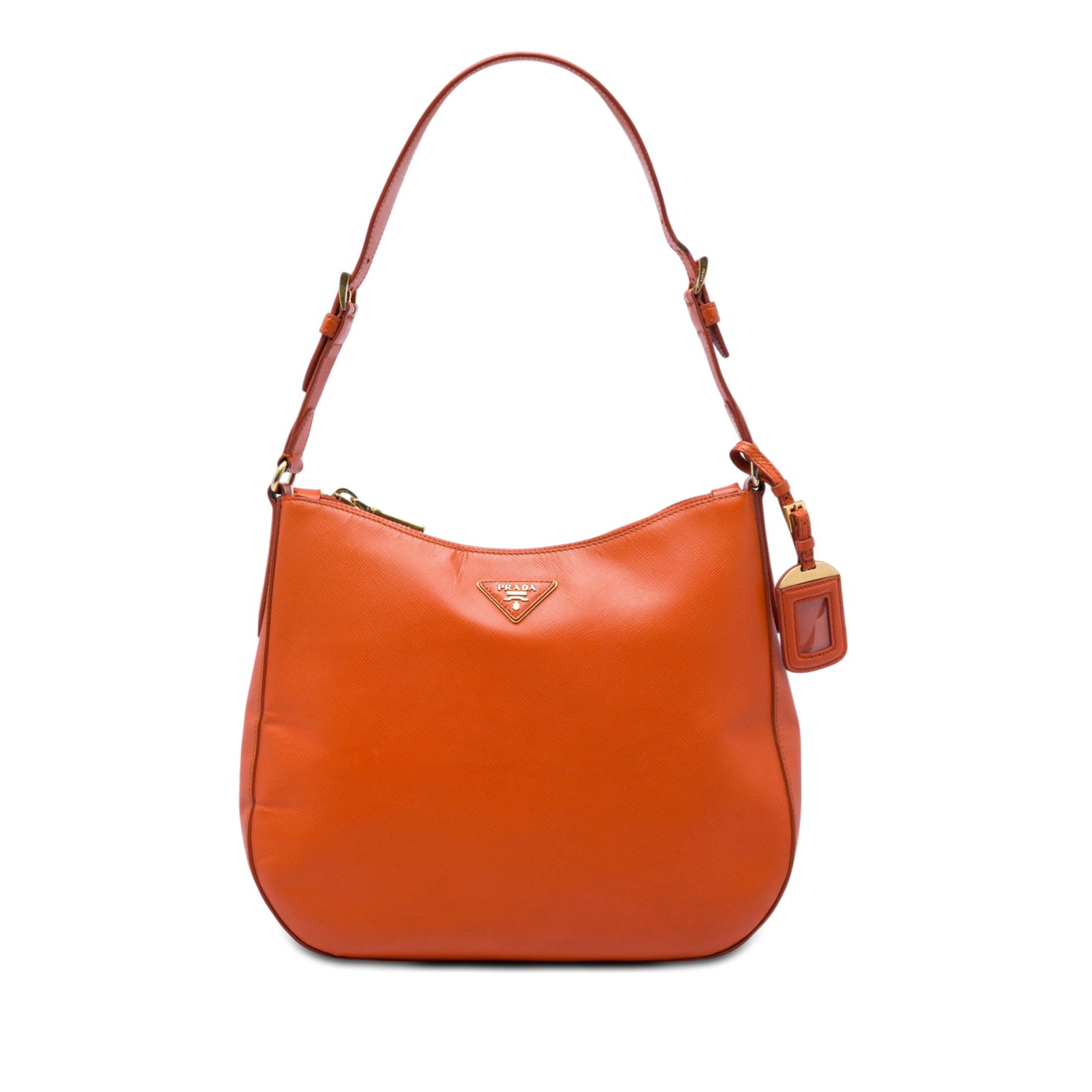 Prada Saffiano Lux Orange Leather Zip Shoulder Bag: Prada Saffiano Lux Orange Leather Zip Shoulder Bag A Prada Saffiano Lux shoulder bag crafted in orange saffiano leather with a structured silhouette. It features a flat leather shoulder strap, a top z
